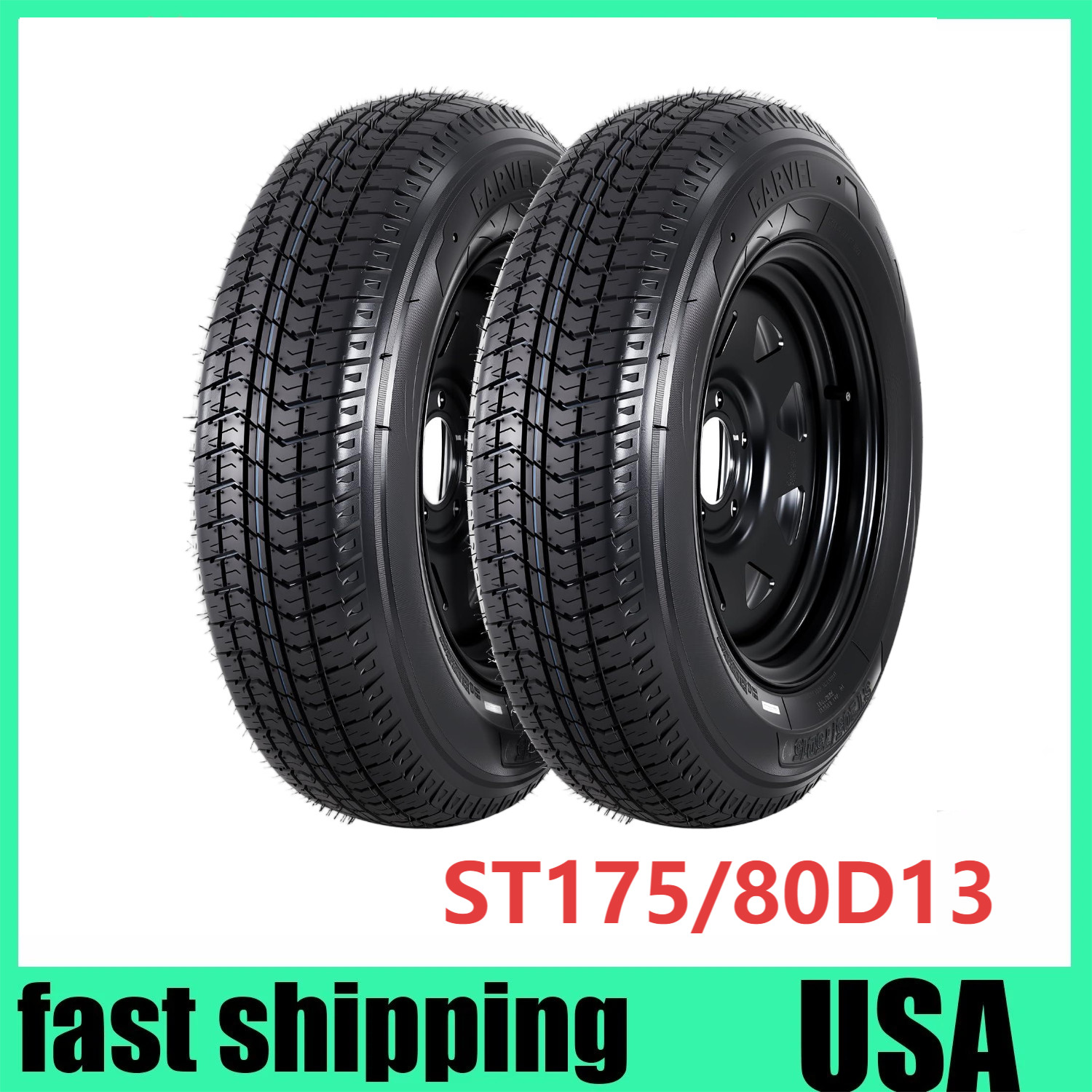 🔝SET 2 ST175/80D13 175 80 13 Trailer Tire & Wheel Black Spoke 6PR 5 Lug on 4.5″
