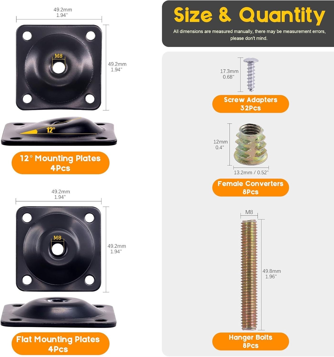 8 Sets M8 Furniture Leg Mounting Plates, 5/16″ Heavy Duty Flat and Black