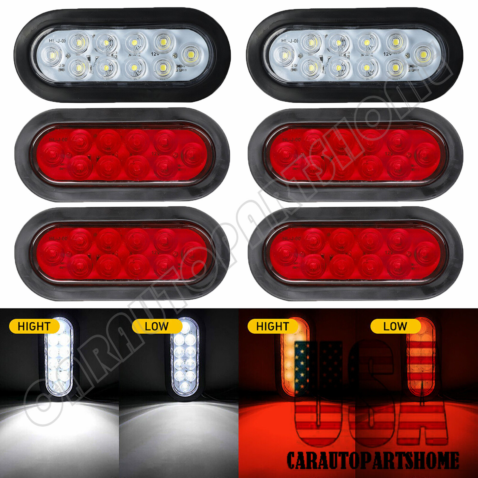 6″ 10 LED Oval Trailer Truck Reverse Backup Stop Tail Lights 12V 4x Red+2x White