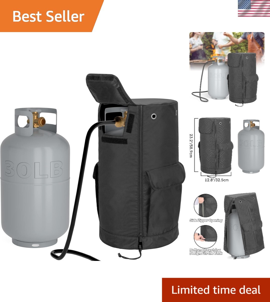 Stylish Black Outdoor Propane Tank Cover with Storage Pockets & Convenient Flap