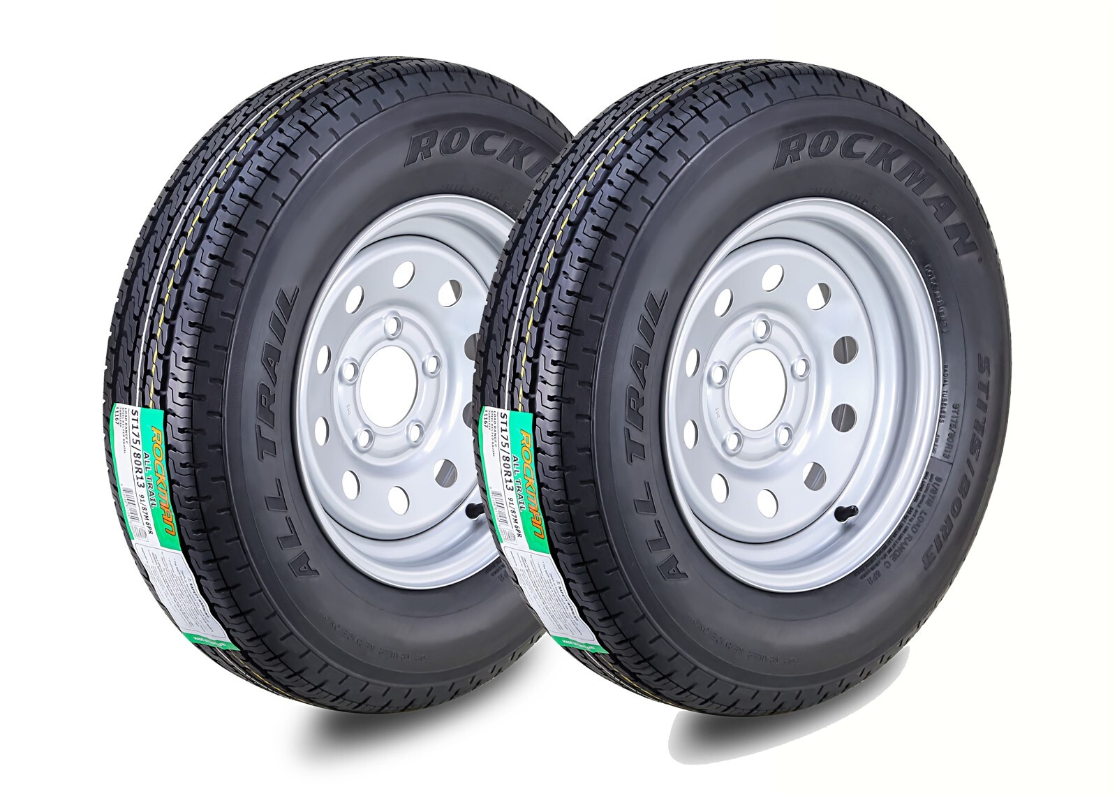 2 Rockman Trailer Tire Assembly ST175/80R13 6-Ply Silver Mod Rim 5 Lug on 4.5″