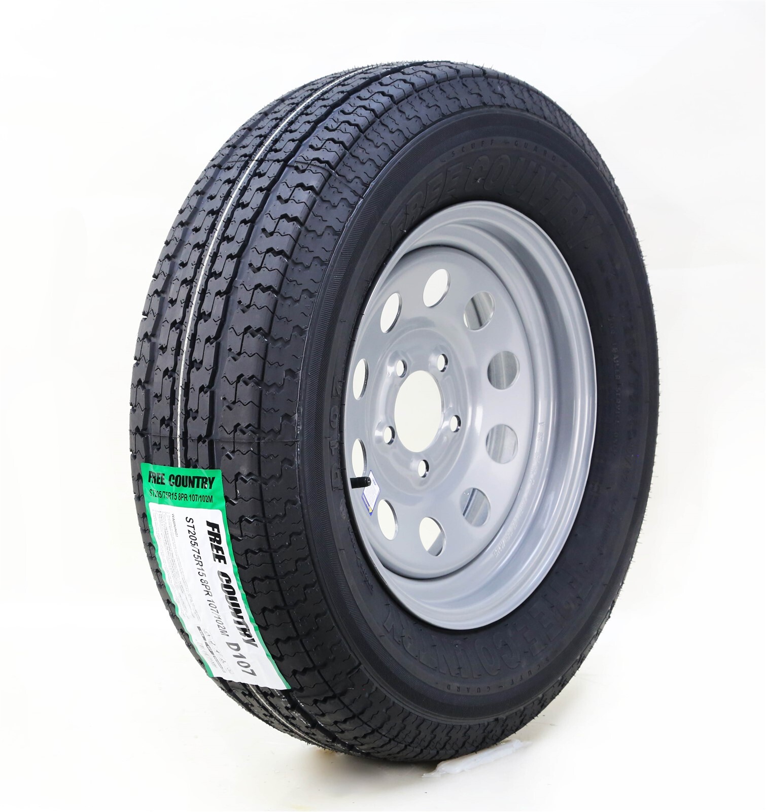Free Country Trailer Tire Rim ST205/75R15 8-Ply D 107M 5 Lug x 5″ Silver Mod