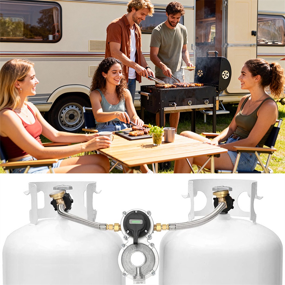 2-Stage RV Camper LP Propane Regulator Automatic Changeover & 2 Tank Hoses New
