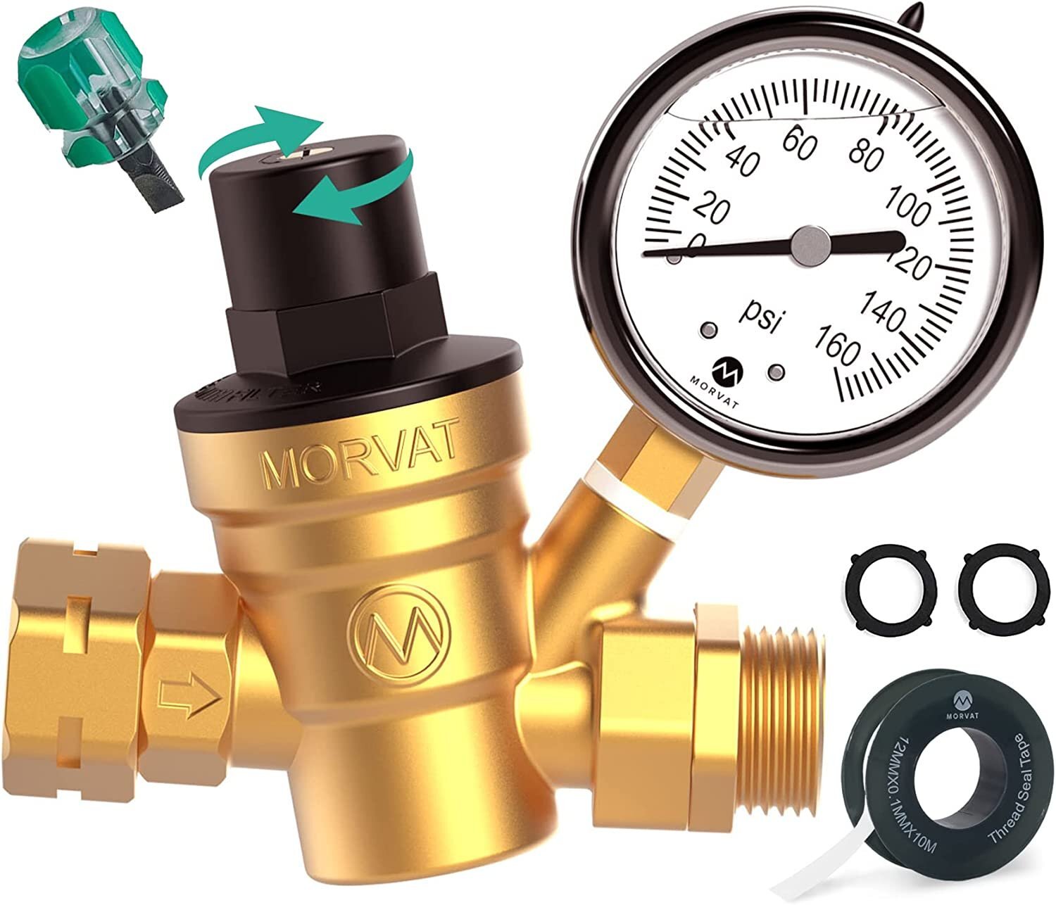 Morvat Adjustable Lead-Free Brass RV Water Pressure Regulator with Oil Gauge
