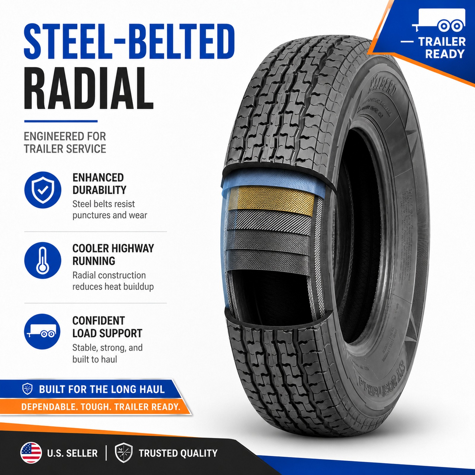 Set 2 ST205/75R14 Trailer Tires 205 75 14 8PR Load Range D Heavy Duty Radial Tyr