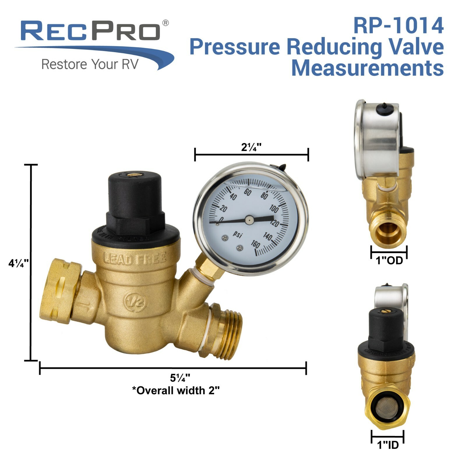 Brass Water Pressure Regulator Valve Knob RV Plumbing Hookup Hardware with Gauge