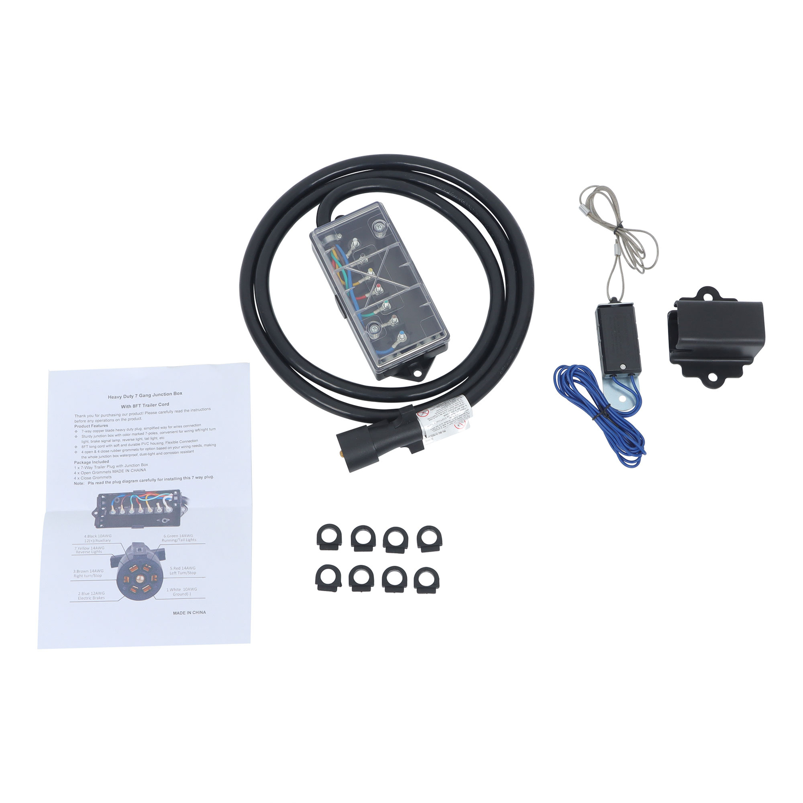 For NEW 7-way 7-pin trailer cable-8FT with Junction Box + Wiring Harness Kit