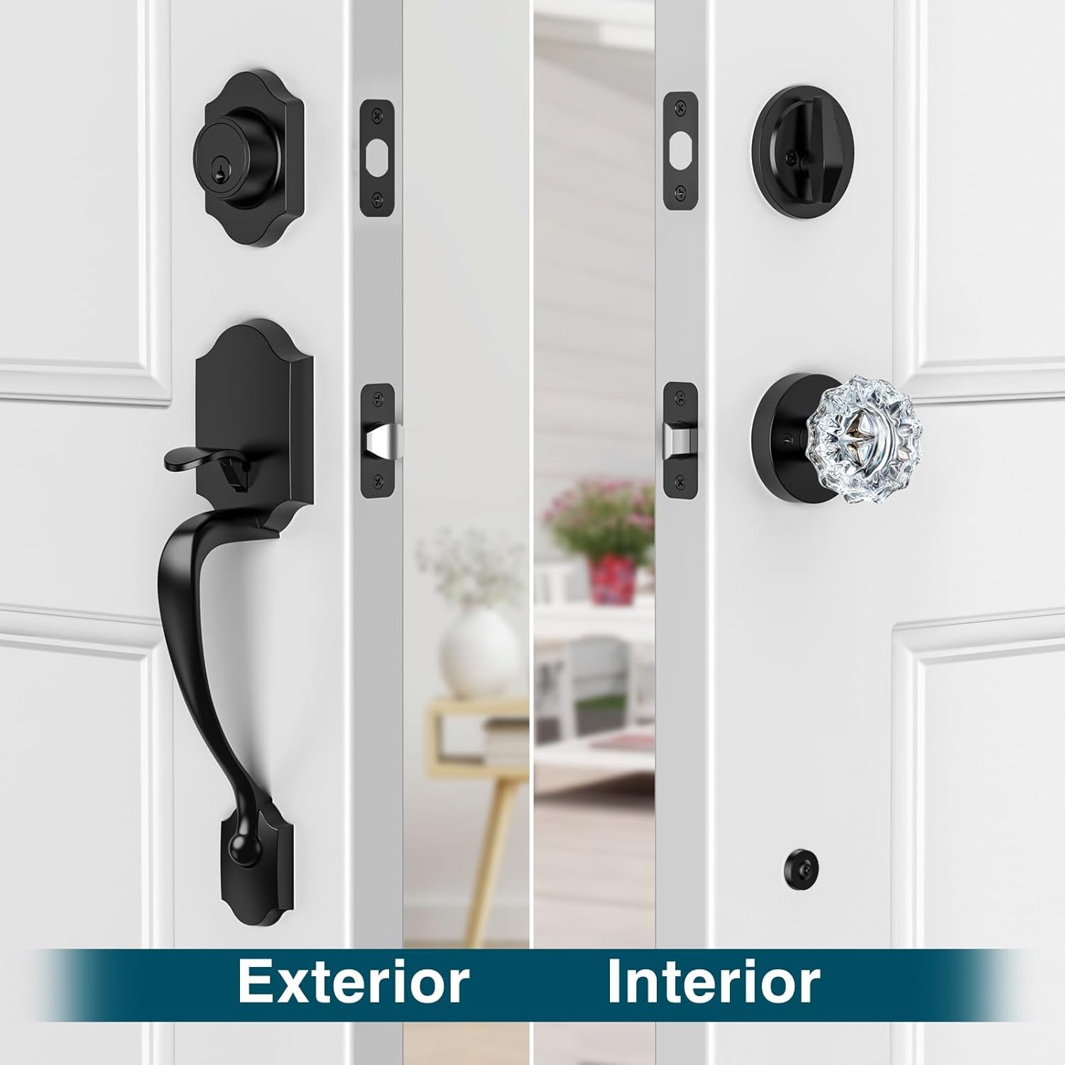 Black Front Door Handle and Deadbolt Set, Lock Set Matte