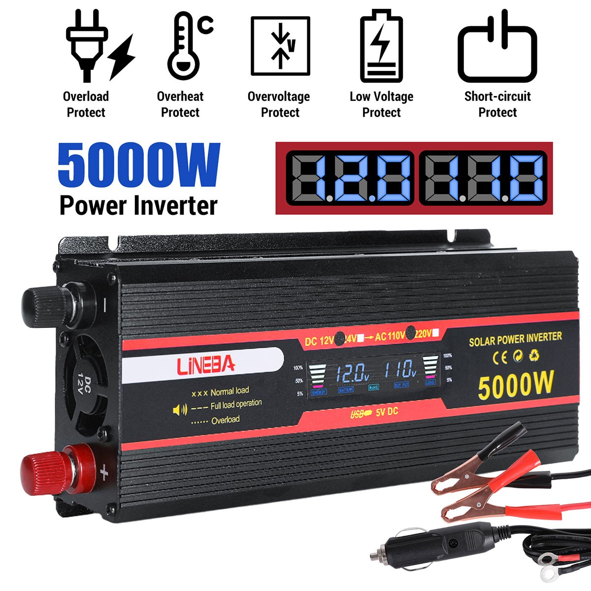 5000W 2500W 1500W Car Power Inverter DC 12V To AC 110V 120V Adapter Converter US