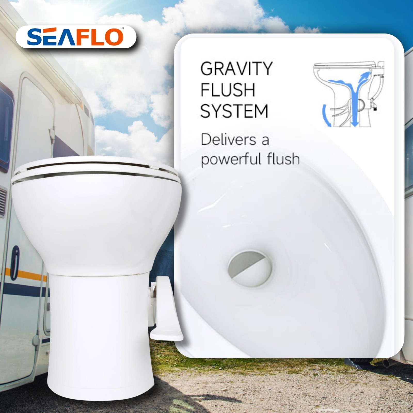 SEAFLO Residential Height Camper/RV Toilet with Elongated Ceramic Bowl, 19”