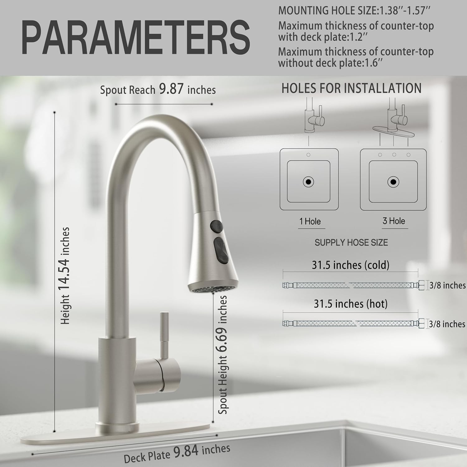 Kitchen faucet with soap dispenser, three-setting adjustable
