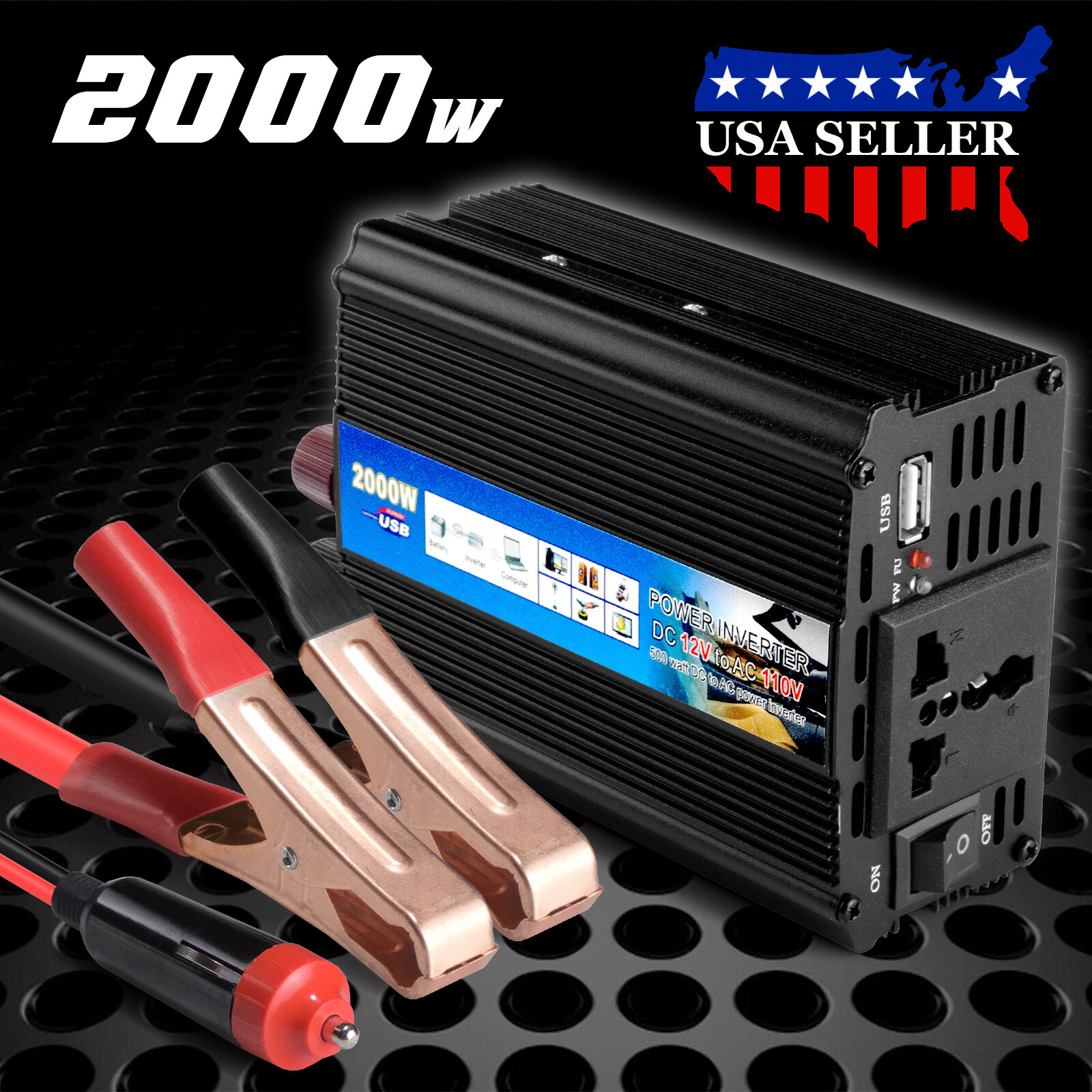2000W Solar Power Inverter DC 12V To AC 110V AC Outlets Car Pure Sine Converter