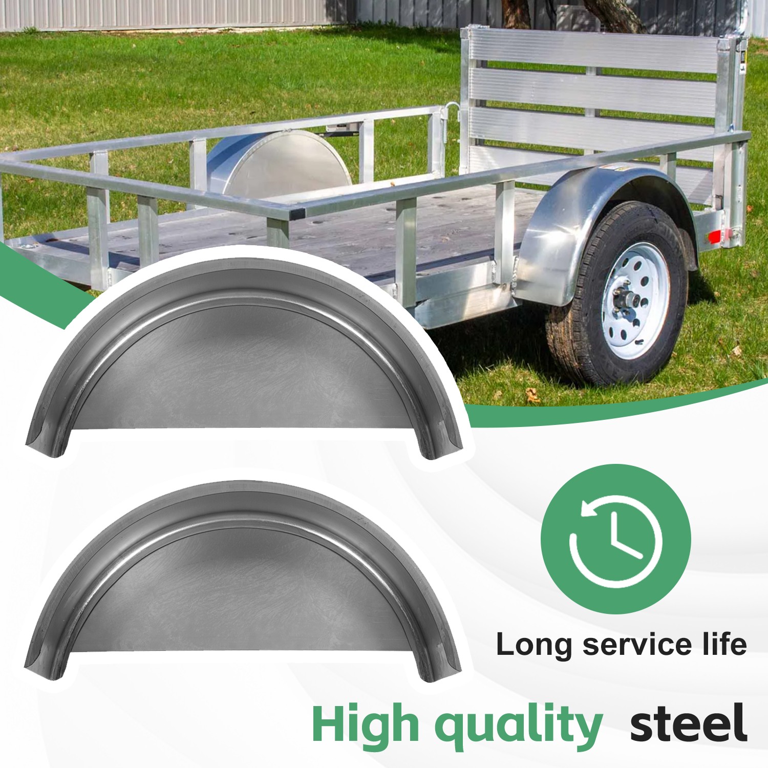 For 14″ 15″ 16″ Wheel Steel Round Single Axle 2 Trailer Fenders with Back Plate