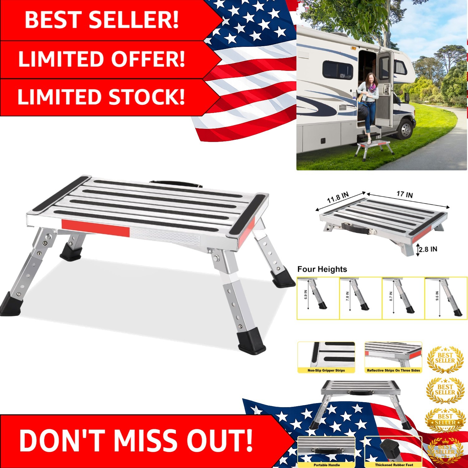Folding Aluminum RV Step Stool – Height Adjustable with Reflective Strips
