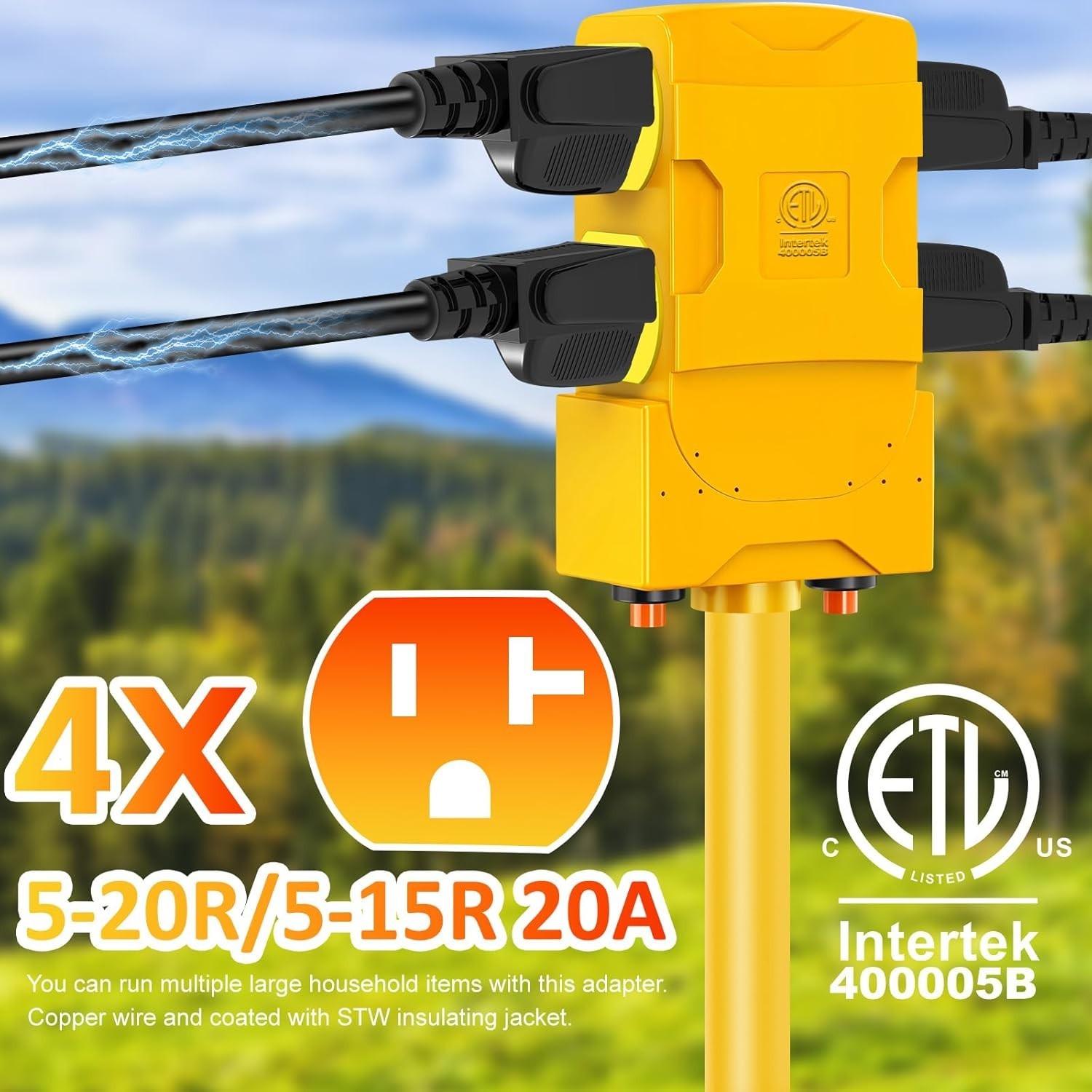 50A to 20A RV Power Adapter Cord NEMA 14-50P to 4 Sockets 5-20R Circuit Breaker