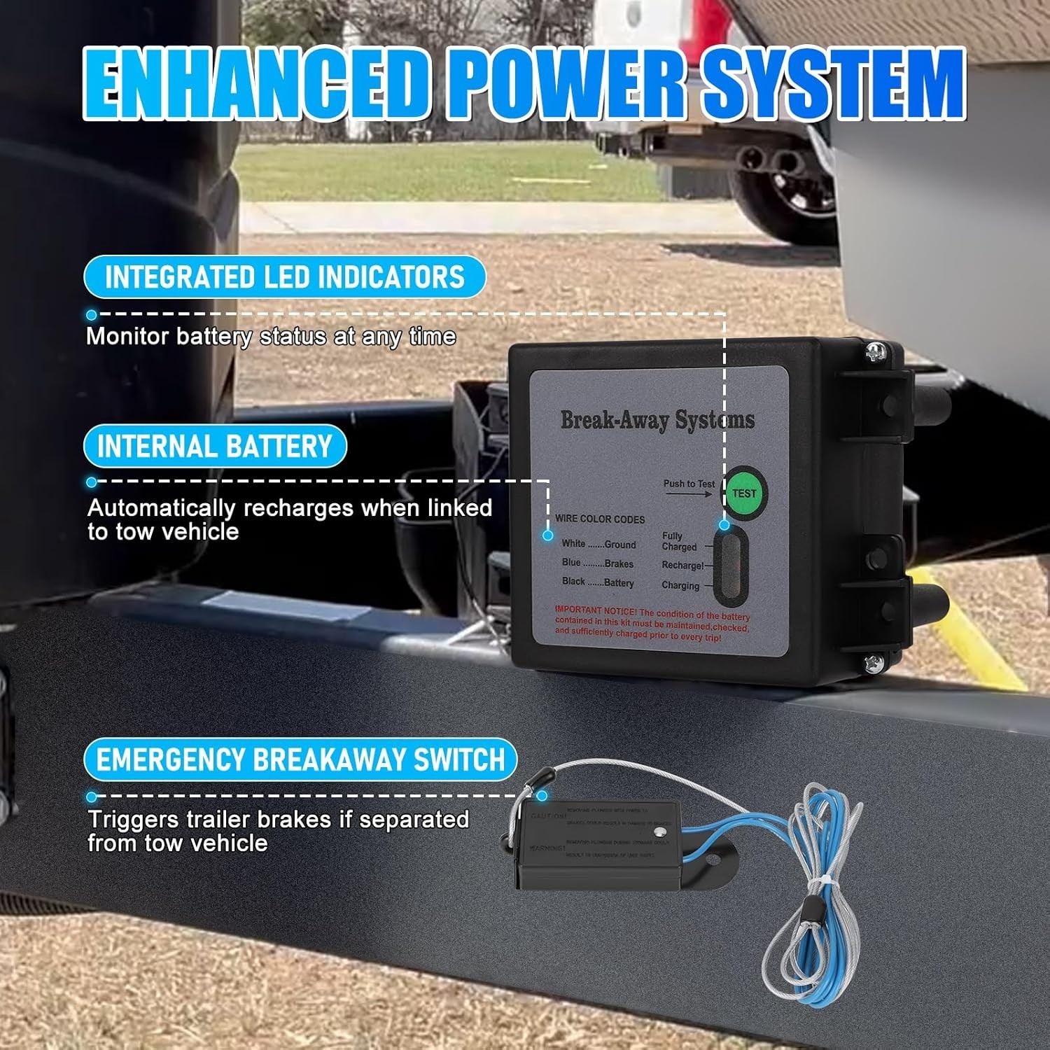 12V Trailer Breakaway Kit: Instant Brake Activation with LED Battery Monitor