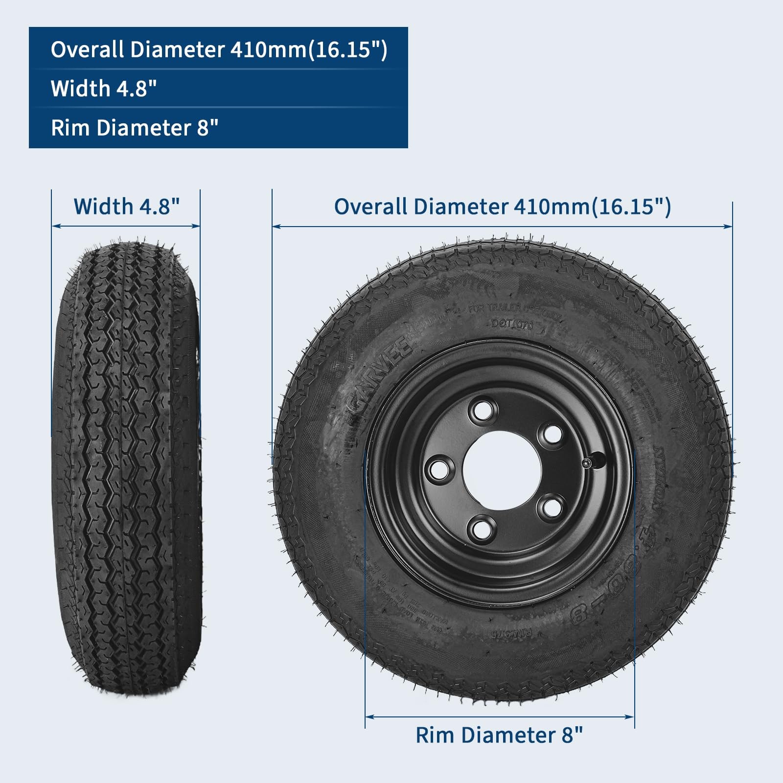 4-Pack 4.80-8 4.80×8 480-8 Trailer Tires with 8″ Rims 5 Lug on 4.5″ 6PR LRC