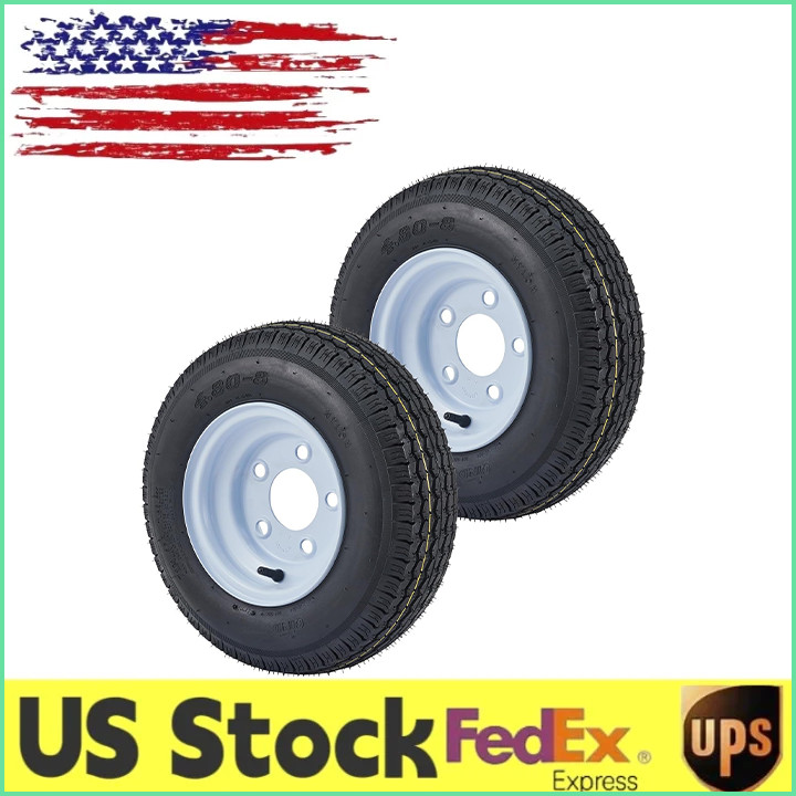 2pack 4.80-8 Trailer Tires on Rim 8″ Rims 5 Lug on 4.5″ Load Range C 6PR 4.80-8