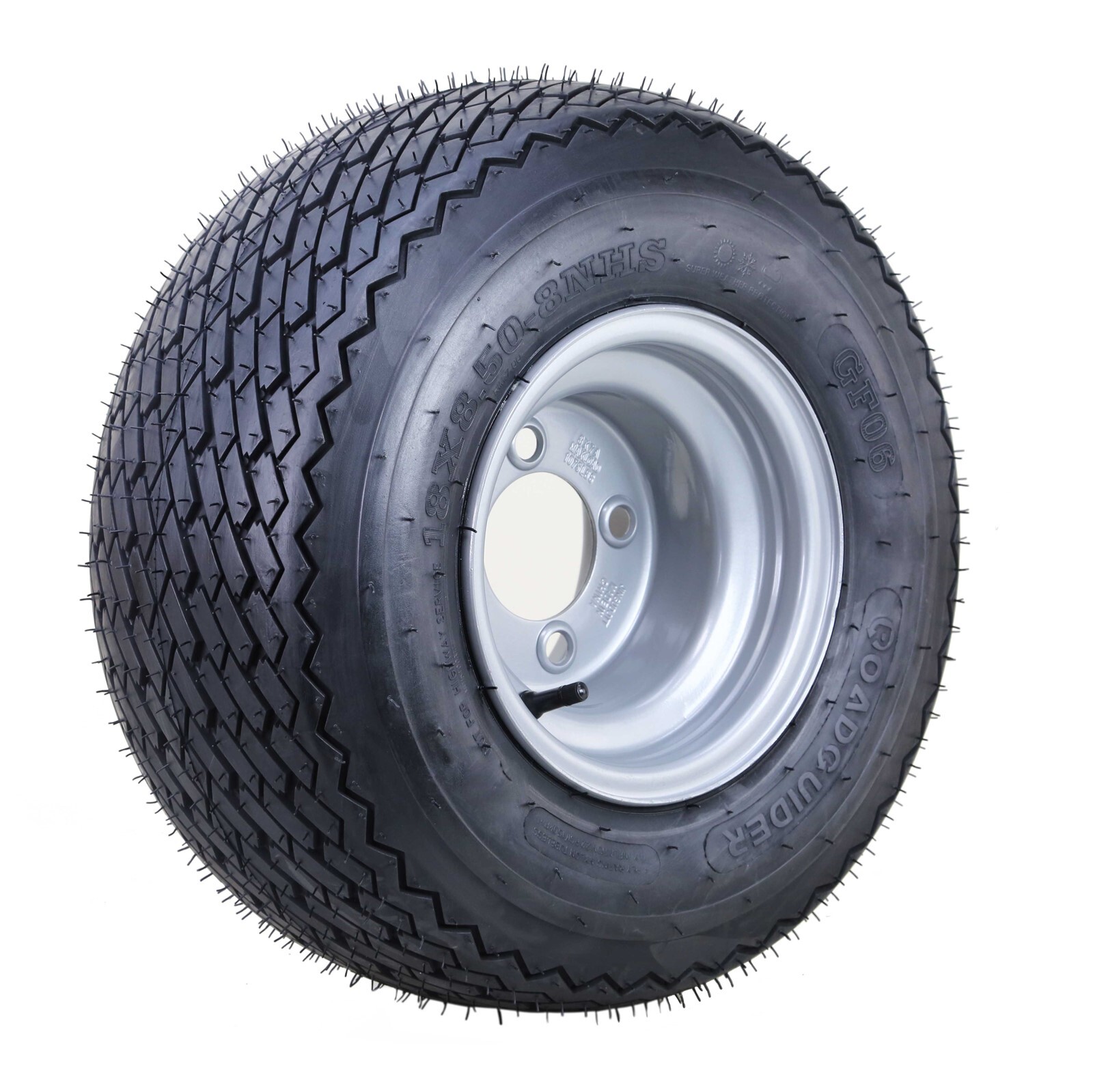 ROADGUIDER Golf Cart Tire Assembly 18X8.5-8 4-Ply Silver Rim 4 Lugs on 4″