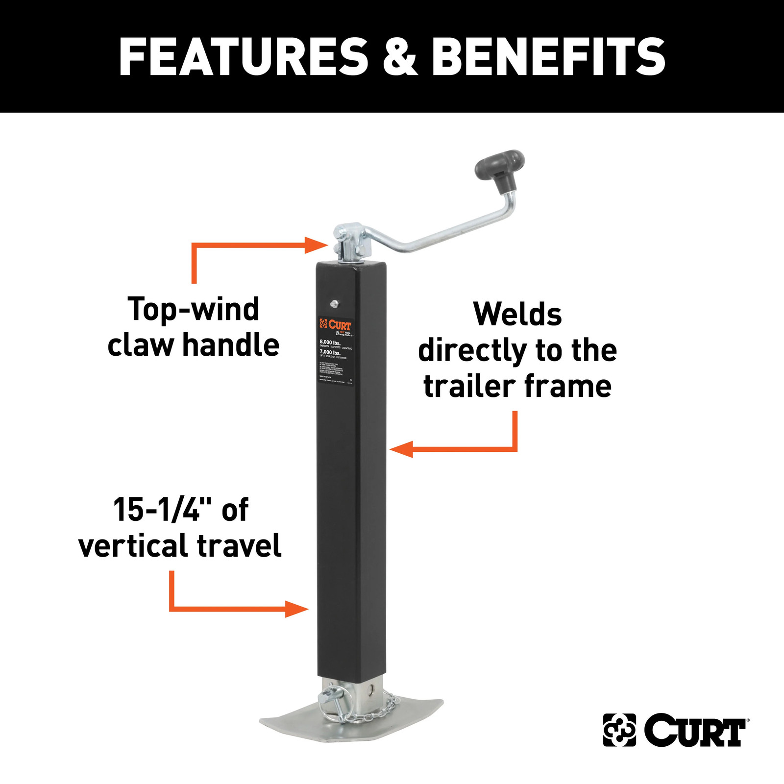 Direct-Weld Square Trailer Jack with Top Handle (8,000 lbs., 15″ Travel) 28570