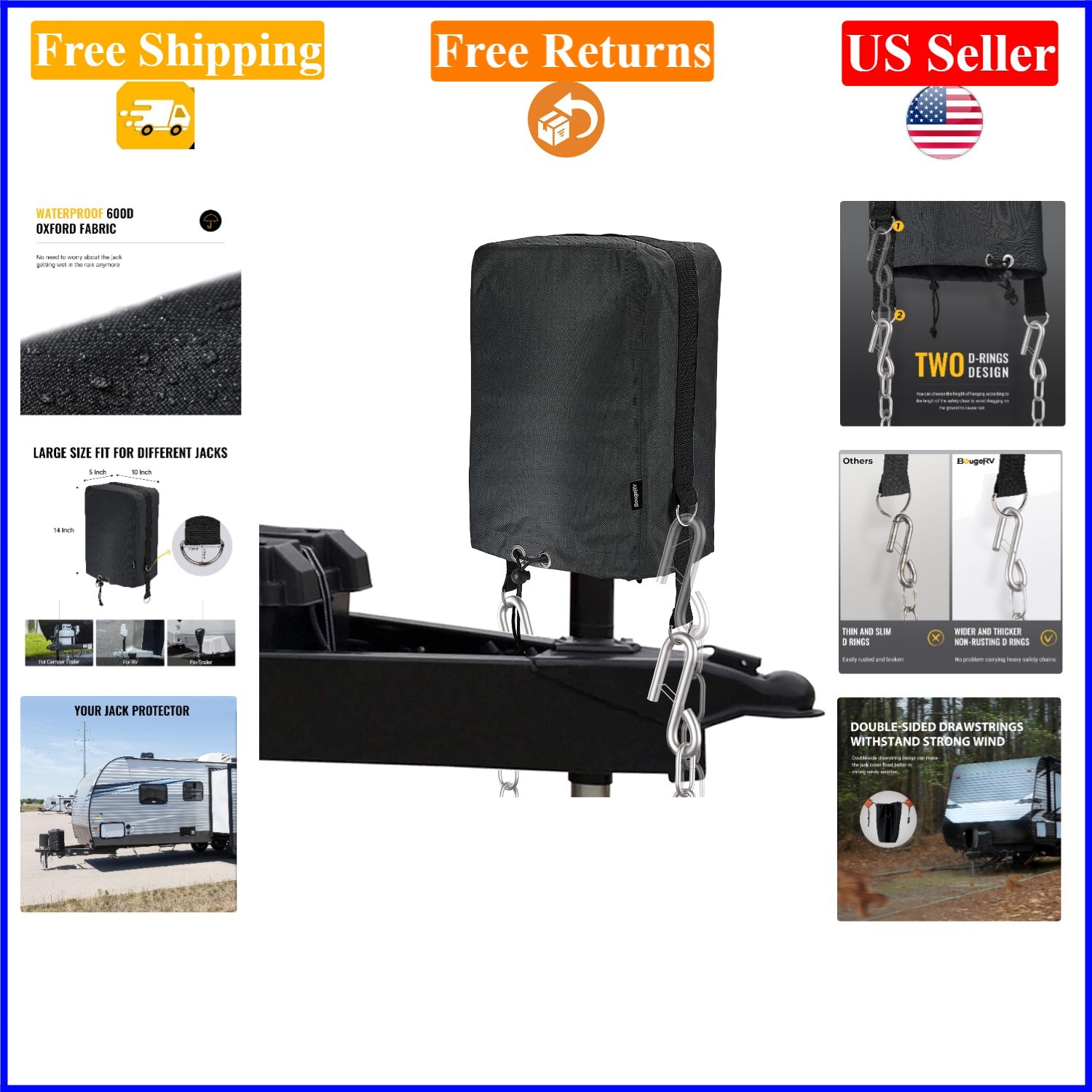 600D Water-Resistant RV Electric Tongue Jack Cover with D Rings, 14x5x10