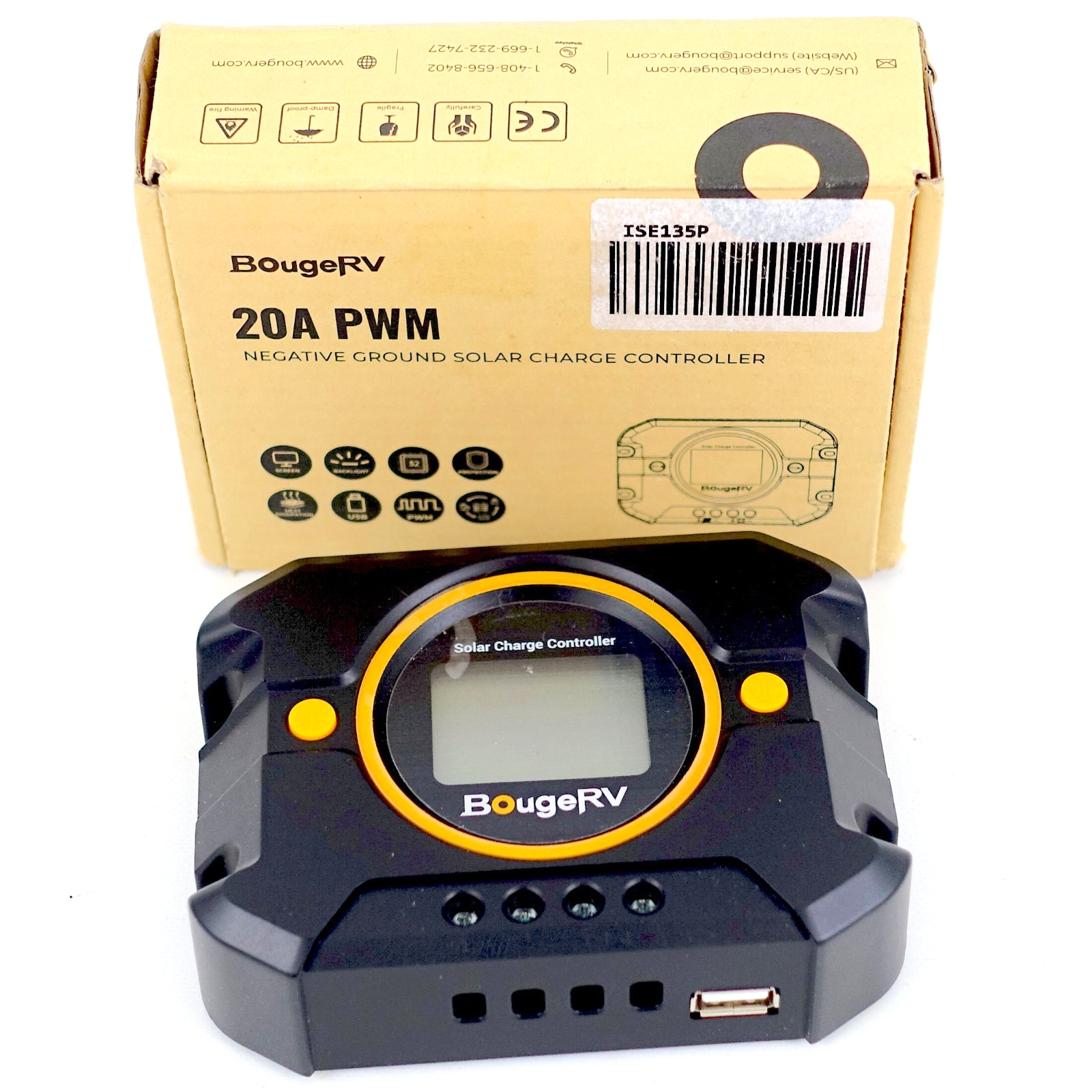 BougeRV 20A PWM Solar Charge Controller 12V/24V Negative Ground LCD USB
