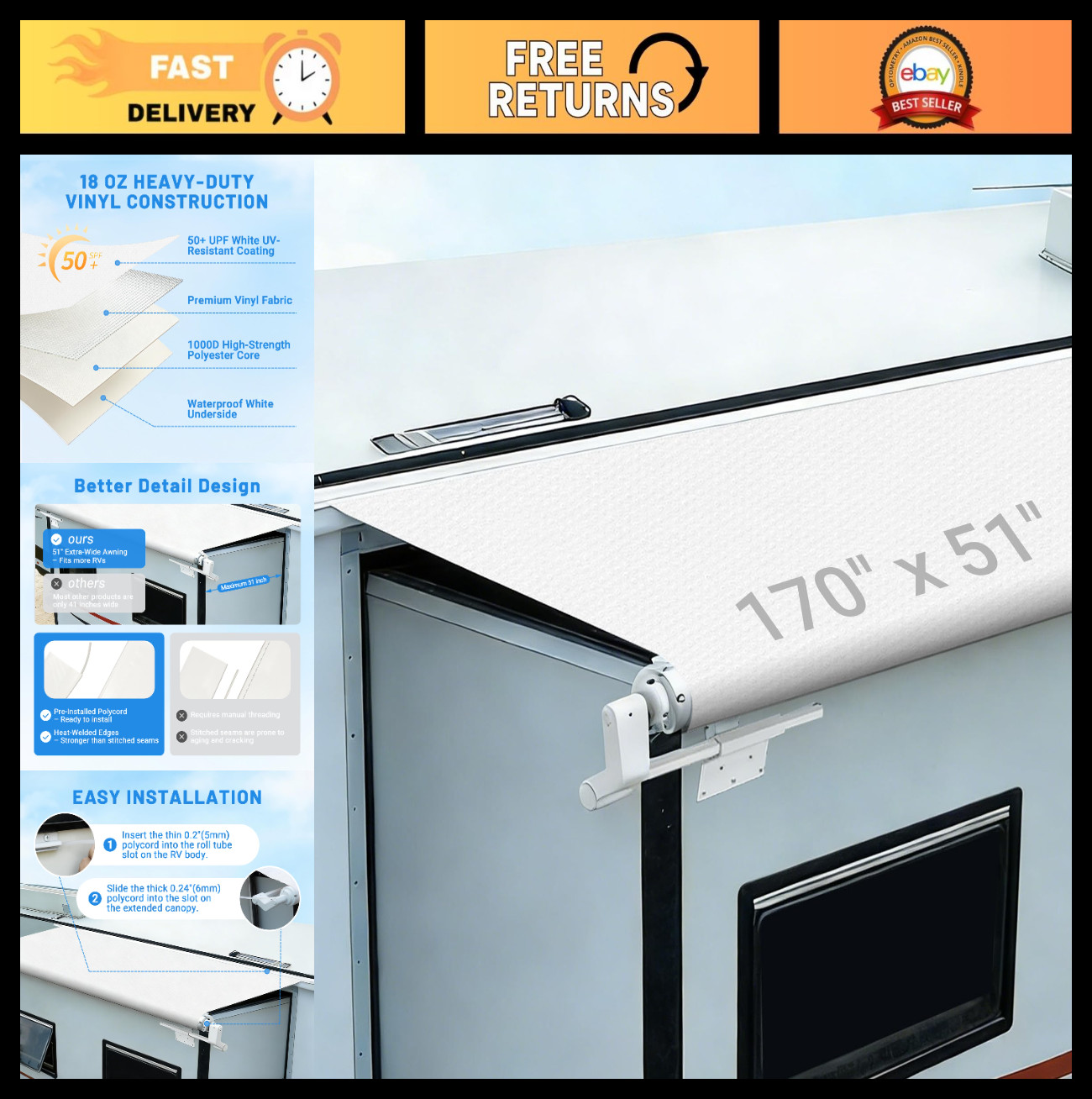 Universal RV Slide Out Awning Fabric Replacement – 170″ Slide Topper Cover