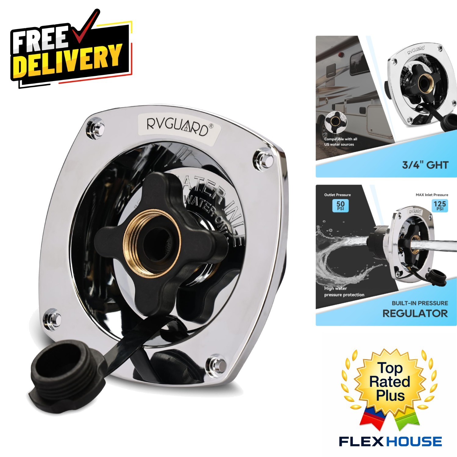 Brass & Plastic RV Water Inlet with Regulator – High Pressure Protection