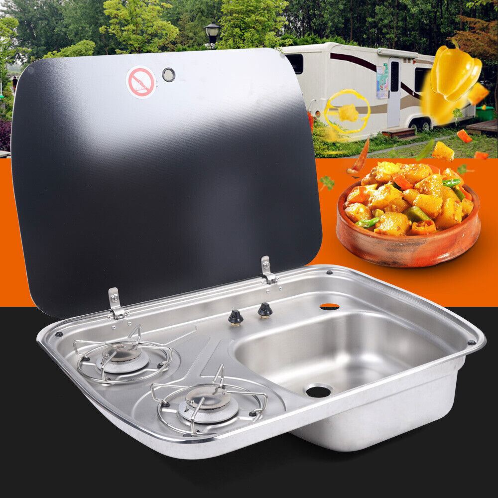 Boat Caravan RV Camper Gas Stove Hob 2 Burner LPG Sink Combo Cooktop w/Glass Lid