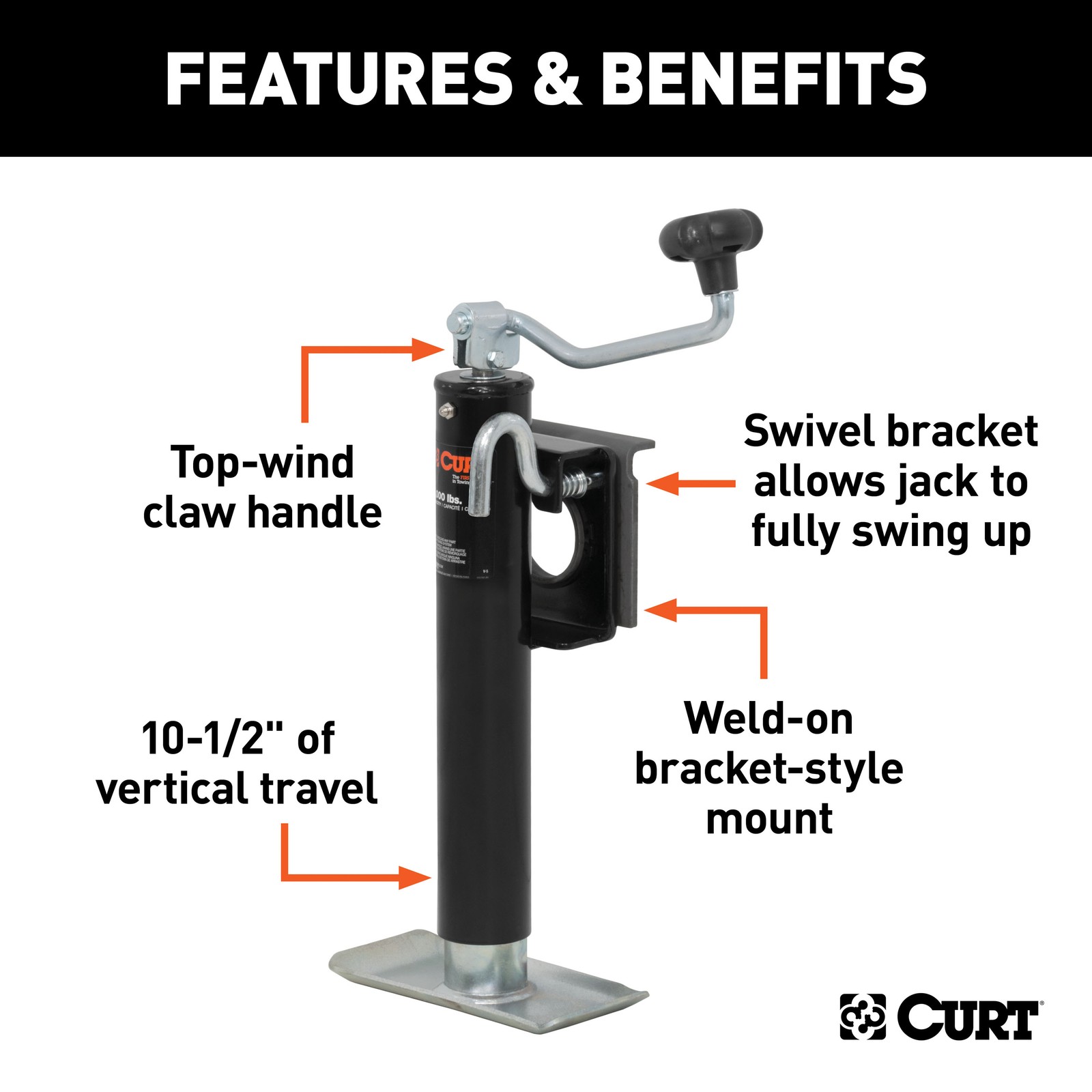 Bracket-Mount Swivel Trailer Jack w/ Top Handle, 2K lbs, 10″ Travel CURT