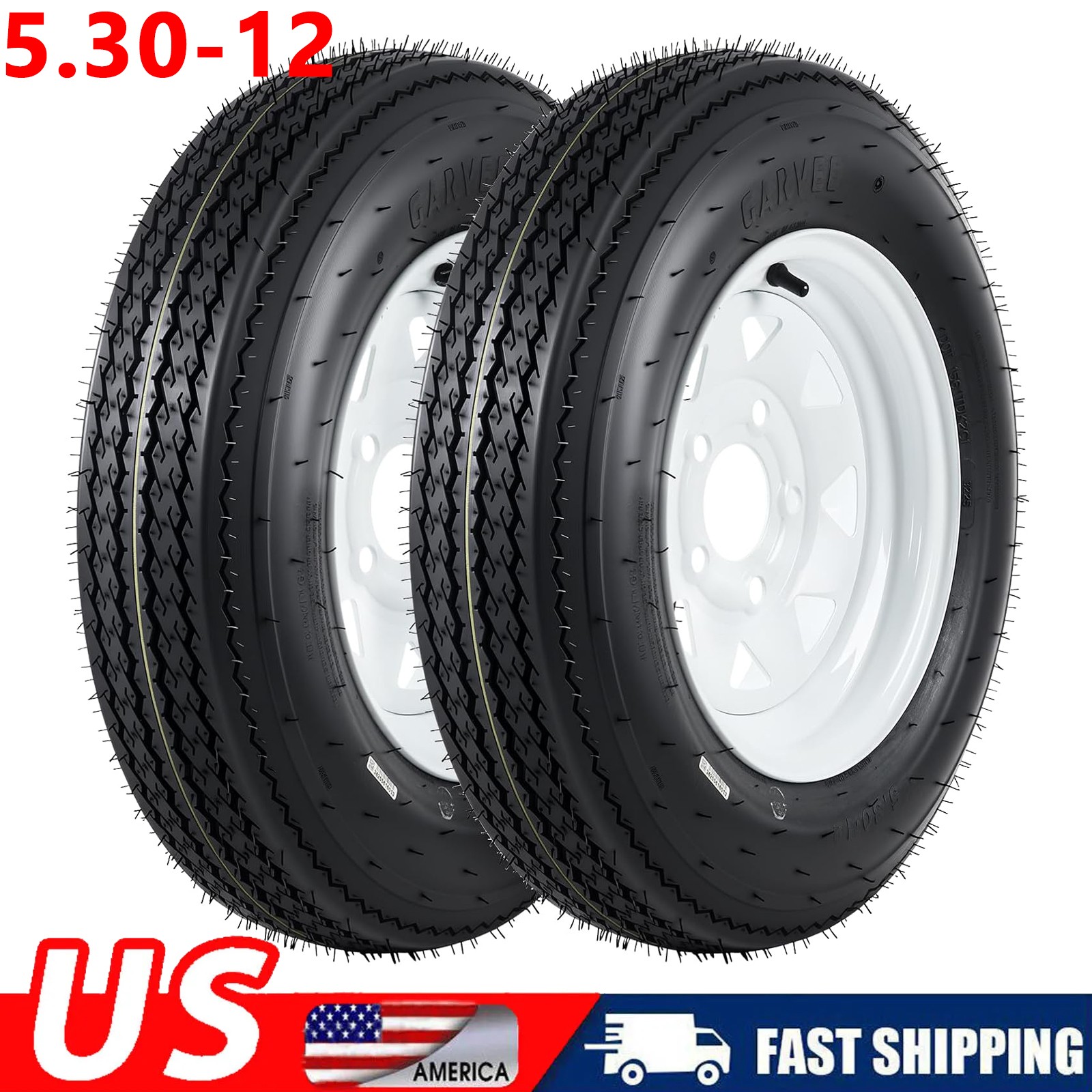 2 X 5.30-12 5.30×12 530-12 Trailer Tires w/12″ Rims 5 Lug on 4.5″ White Wheel