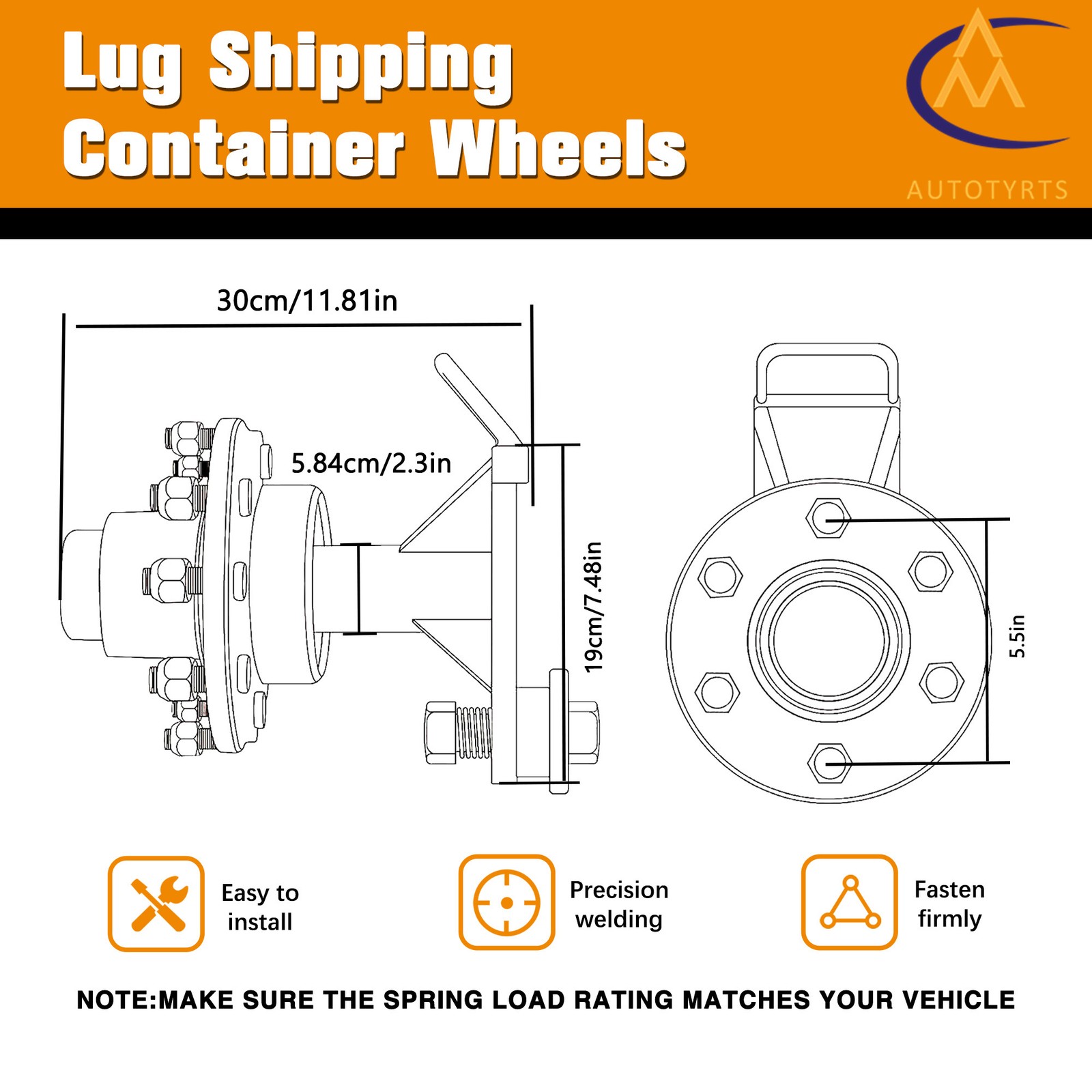 Pair of 6×5.5 Lug Superior Shipping Container Wheels Bolt-on Spindle Kit upgrade