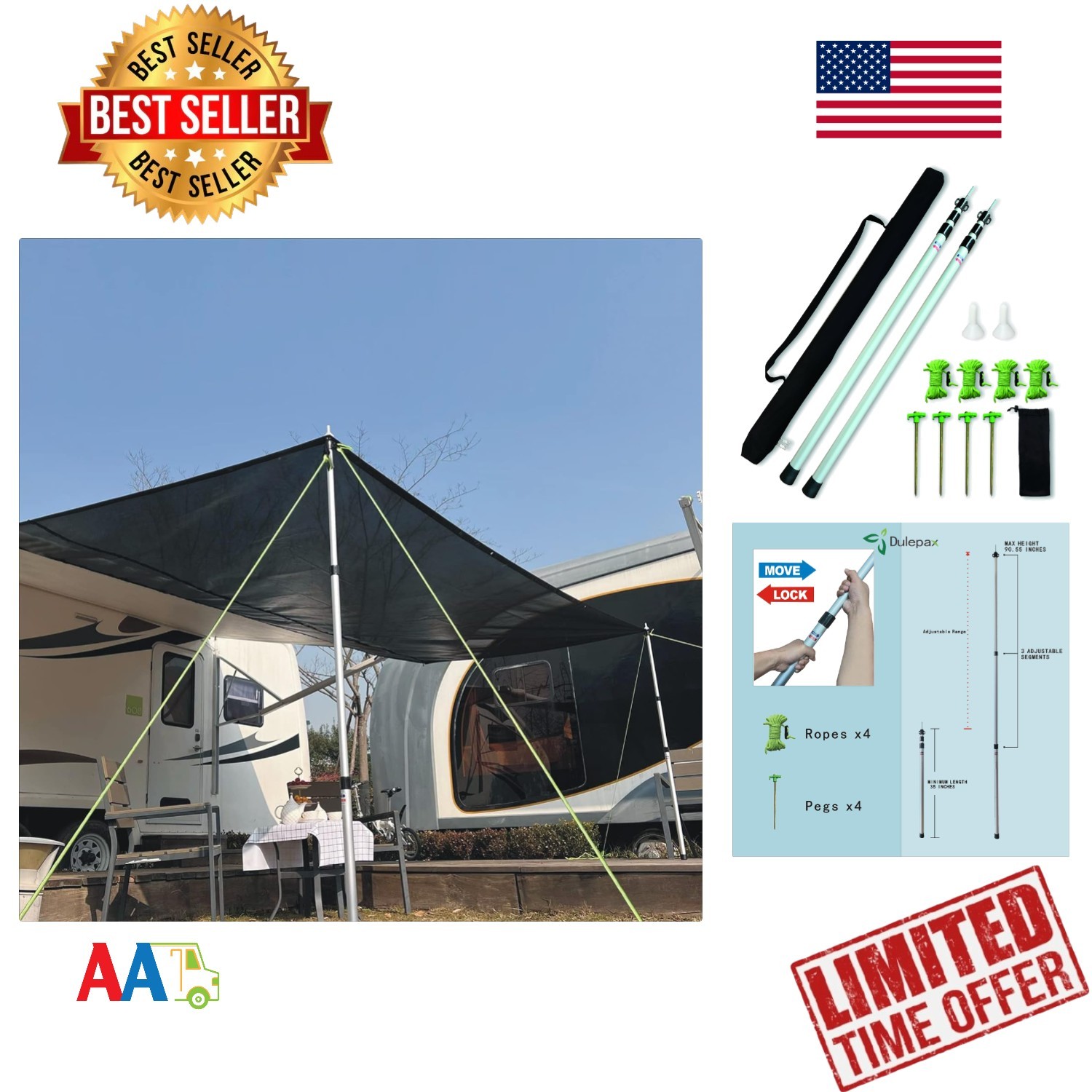 RV Awning Shade Poles Set of 2 7.5FT Aluminum Adjustable, Windproof