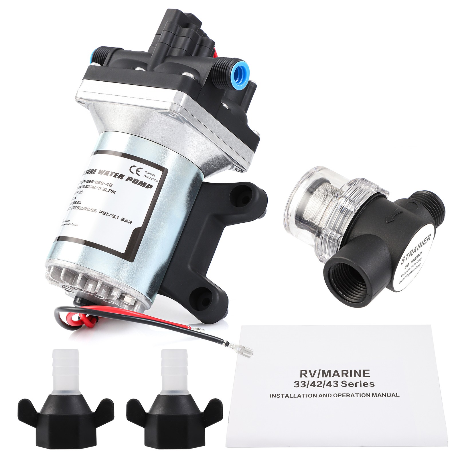Quiet 12V Water Pump Kit For RV Caravan Boat w/ Filter Joints Teflon Tape 55PSI