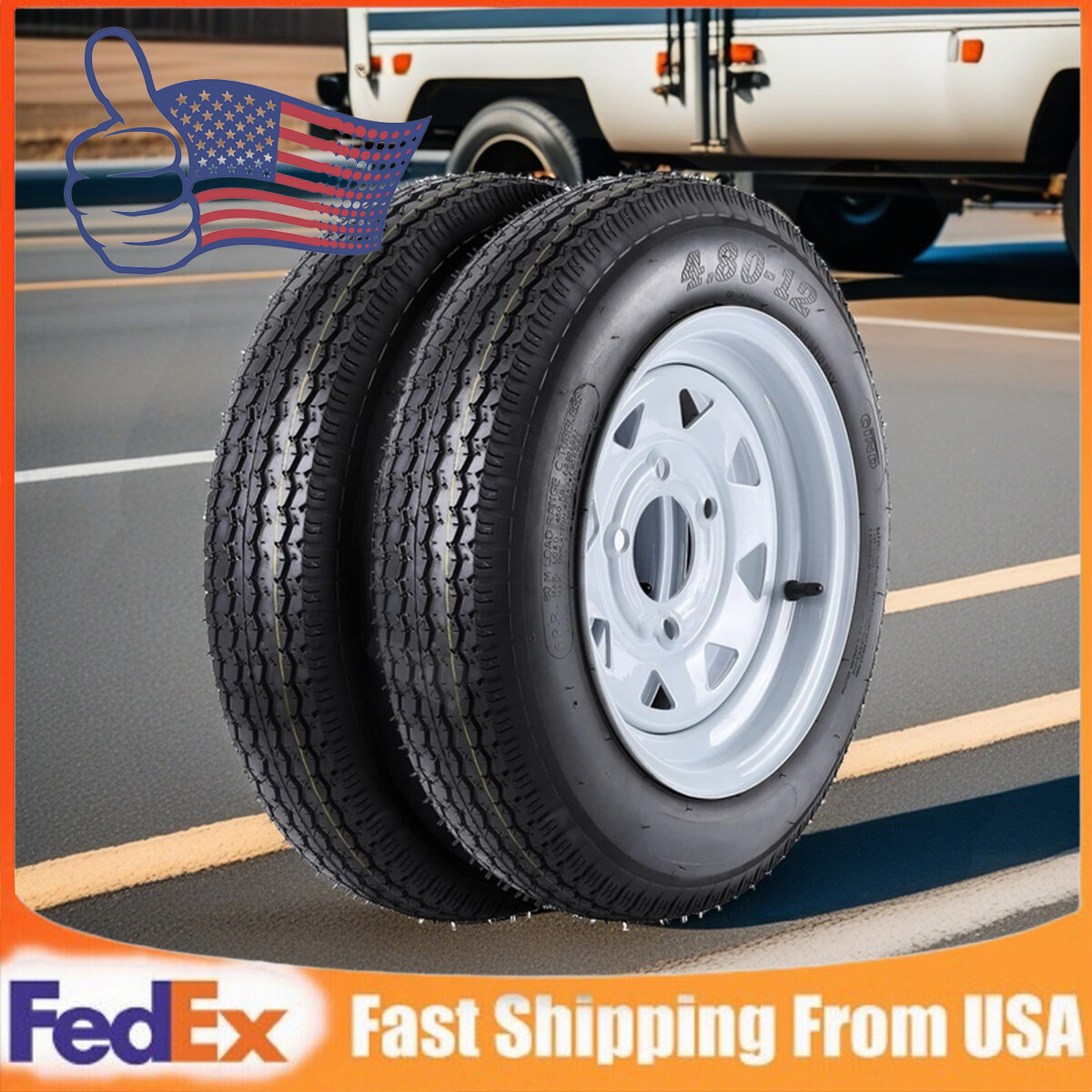 2Set 4.80-12 4.80×12 Trailer Tires and Rims 4 Lug on 4″ Wheel, Load Range C, 6PR