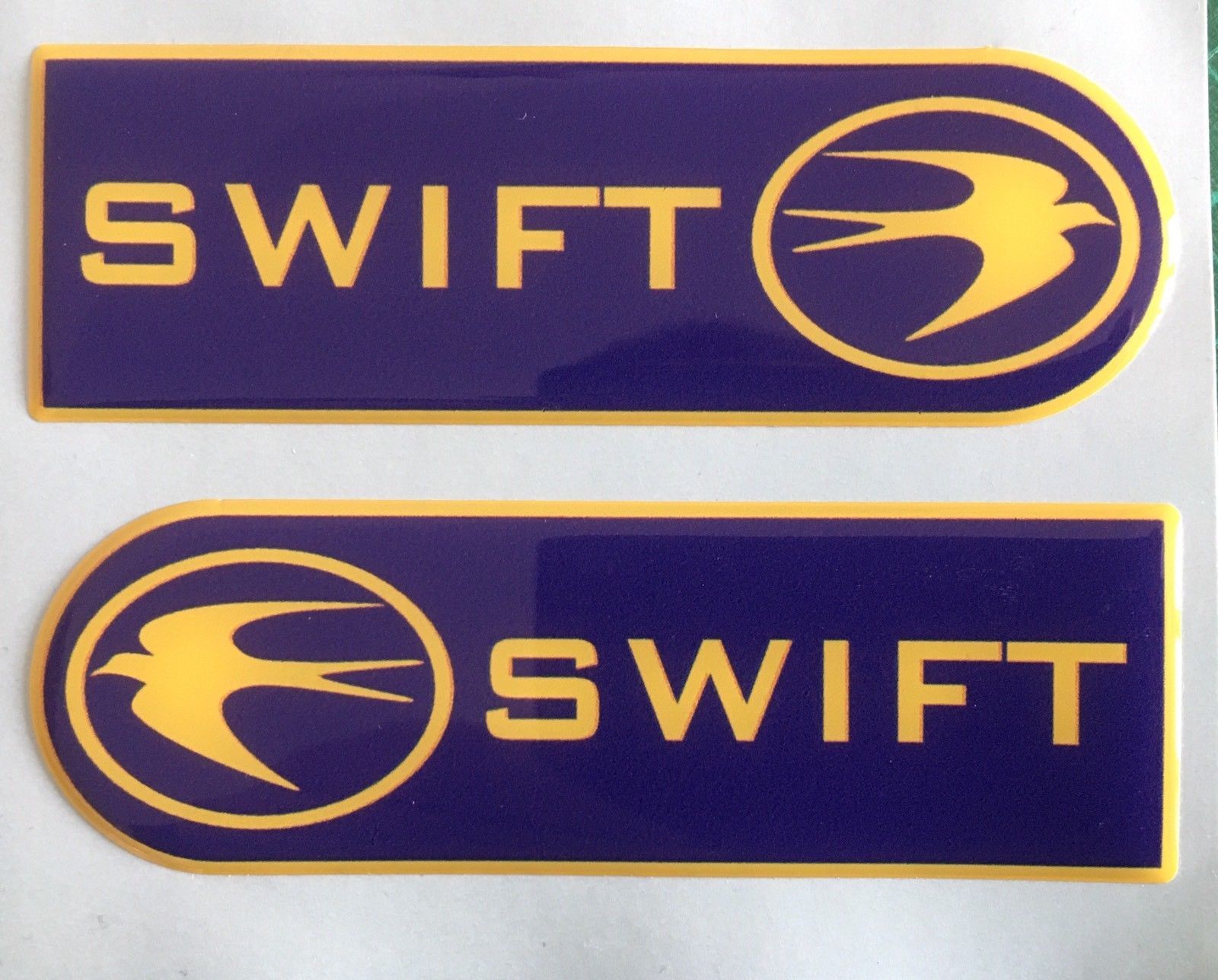 SWIFT CARAVAN MOTORHOME RECTANGLE BADGE DOMED RESIN BLUE & YELLOW X2 HIDE DENTS