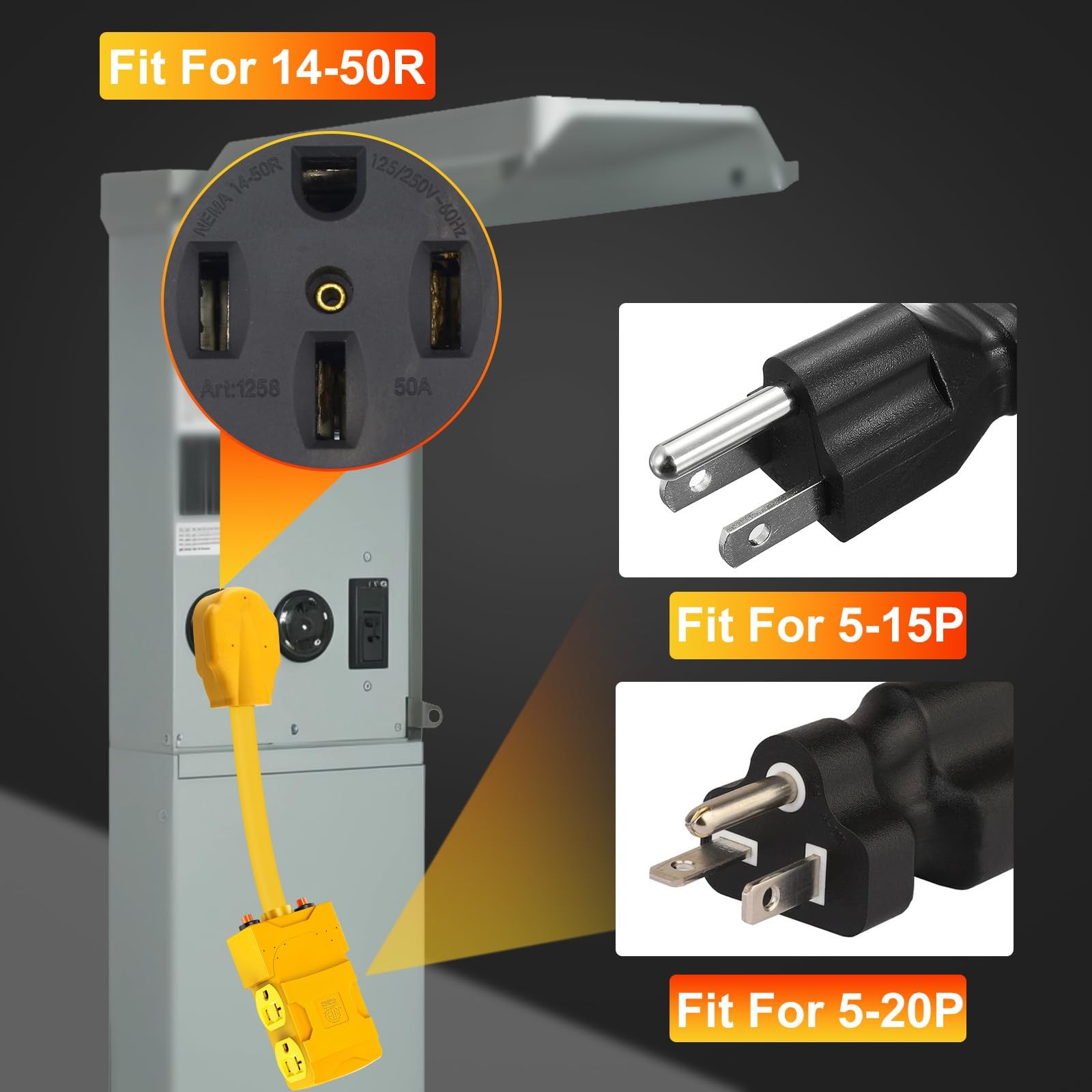50 Amp to 20 110V RV Distribution Plug Adapter,NEMA 14-50P 4 Yellow