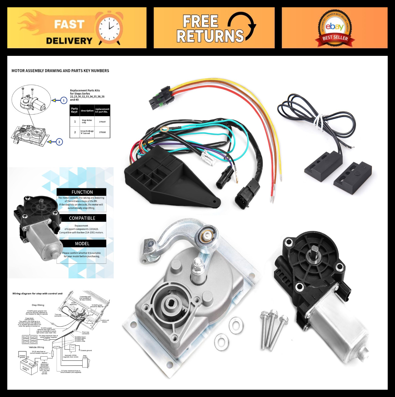 RV Step Motor Conversion Kit for Curved Linkage – Fits Kwikee 22-40 Series Steps