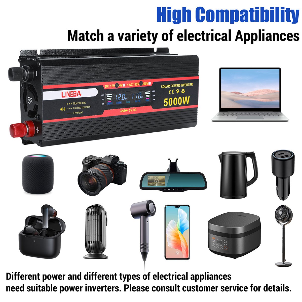 5000W 2500W 1500W Car Power Inverter DC 12V To AC 110V 120V Adapter Converter US