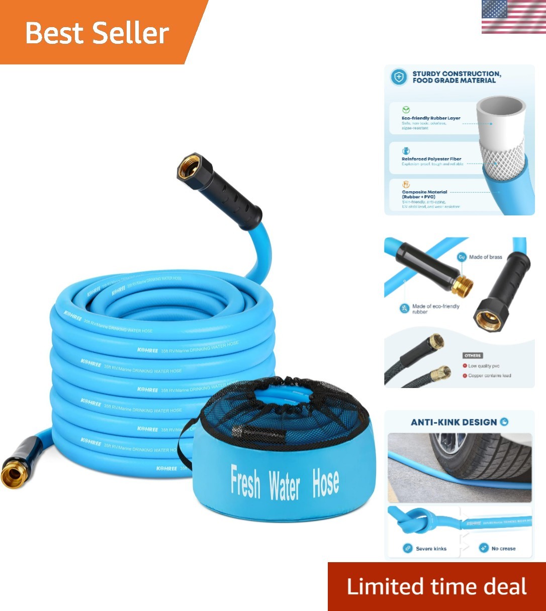 35FT RV Water Hose with Storage Bag – Safe Drinking Water, No Kink, Leak-Free