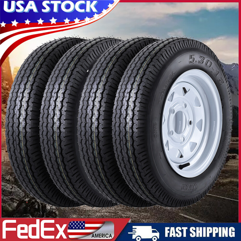 4Set 5.30-12 Trailer Tires with Rims 5.30×12 5.3-12 530-12, 5 Lug on 4.5″, 6PR