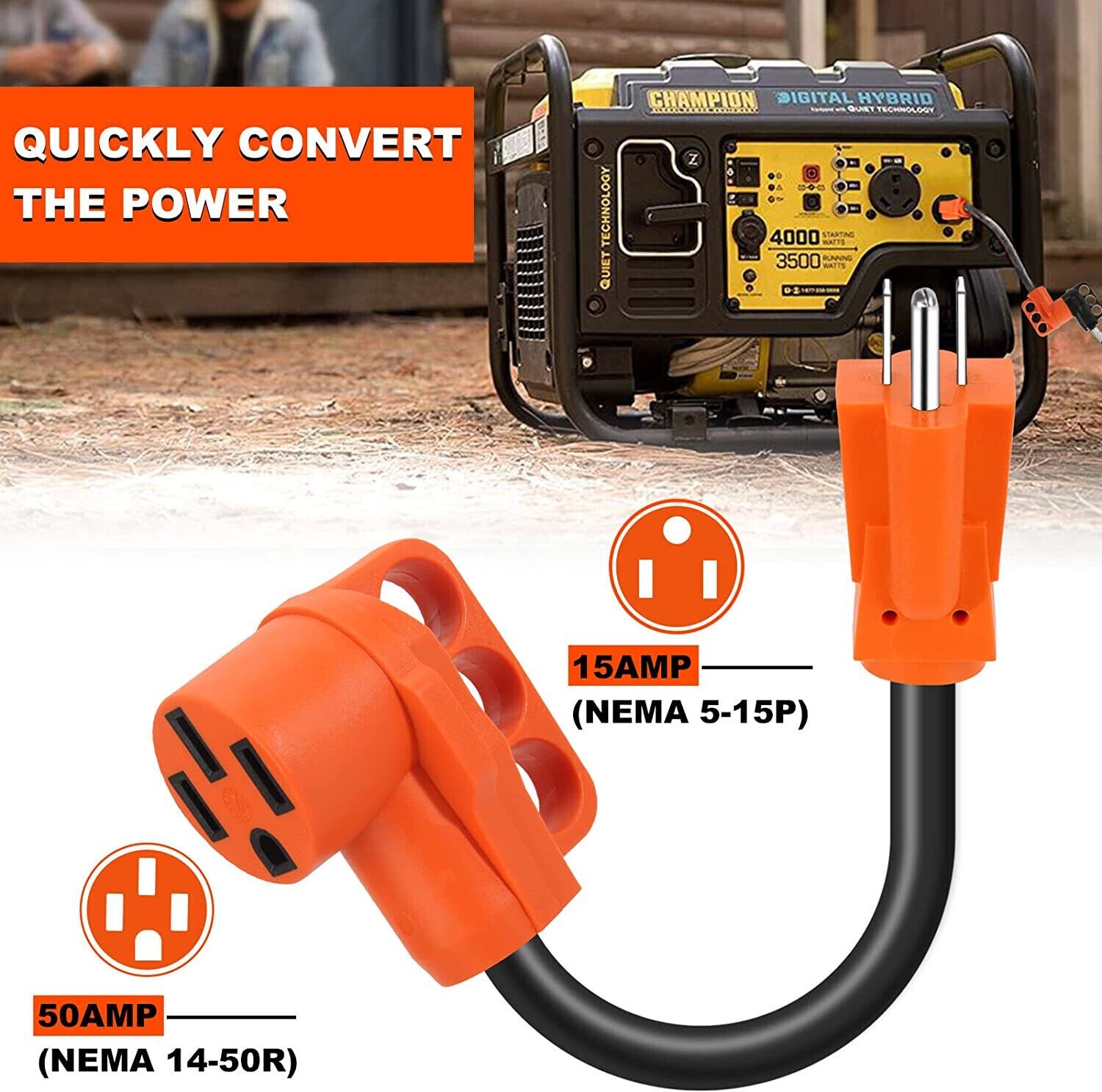RV Adapter Cord 50 A Female to 15A Male Plug 12-Inch, NEMA 5-15P to 14-50R