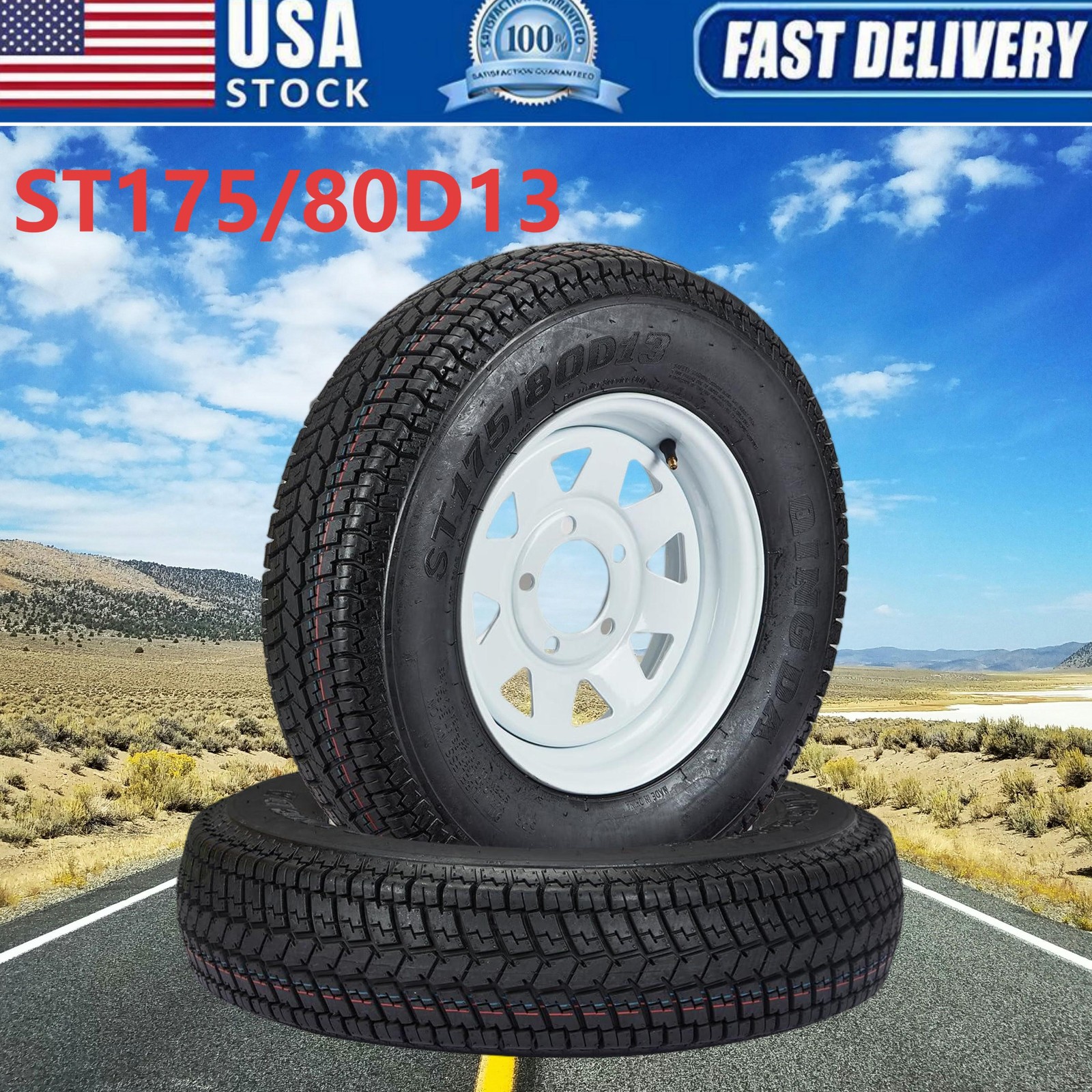 2 Pack Trailer Tire On Rim ST175/80D13 175/80 D 13 LRC 5 Lug White Spoke Wheel