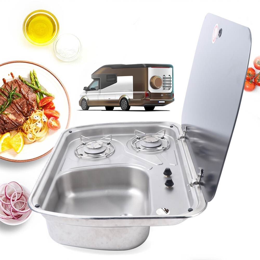 Boat Caravan RV Camper Gas Stove Hob 2 Burner LPG Sink Combo Cooktop w/Glass Lid