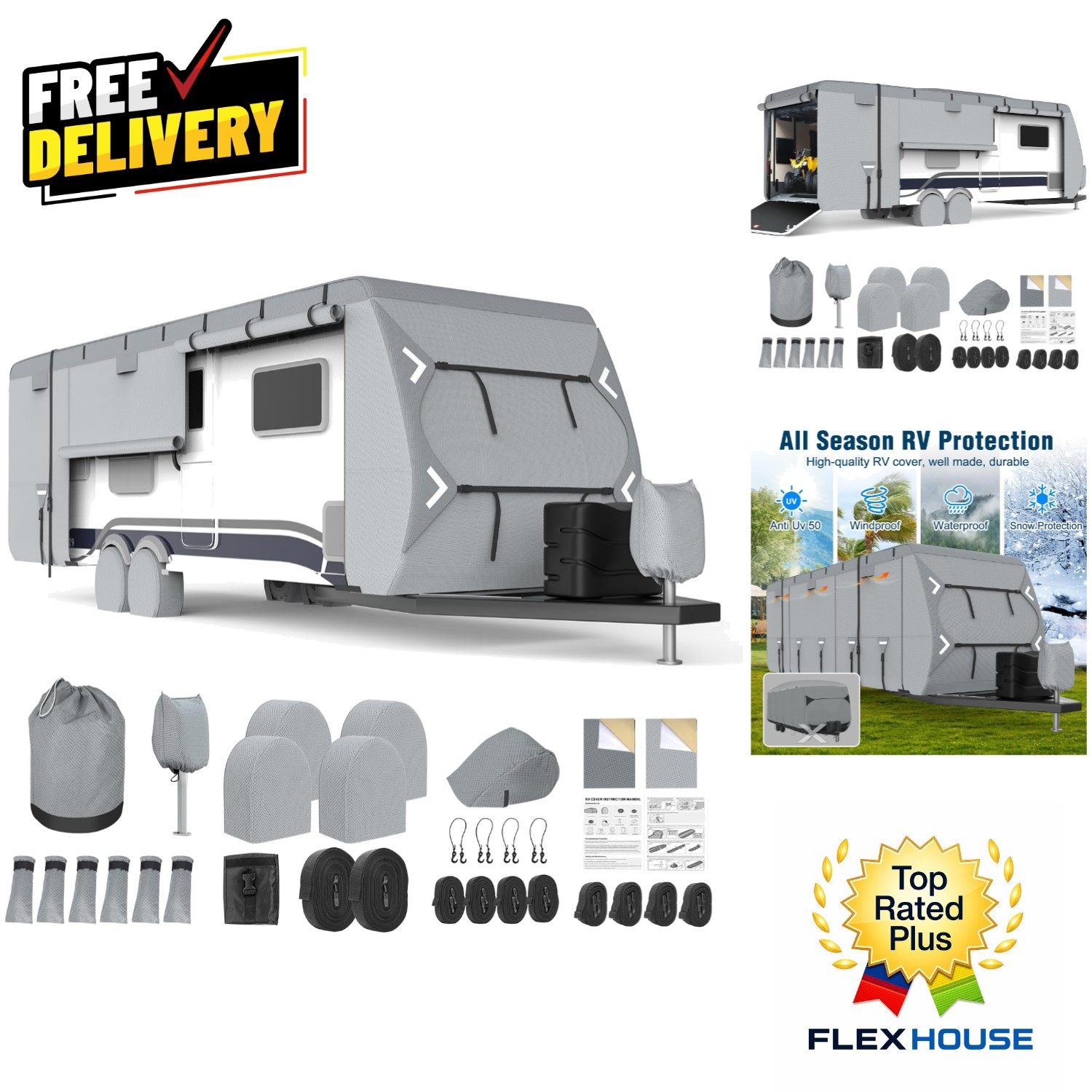 Ultimate Windproof & Waterproof RV Cover 22-24ft, Tons of Accessories Included
