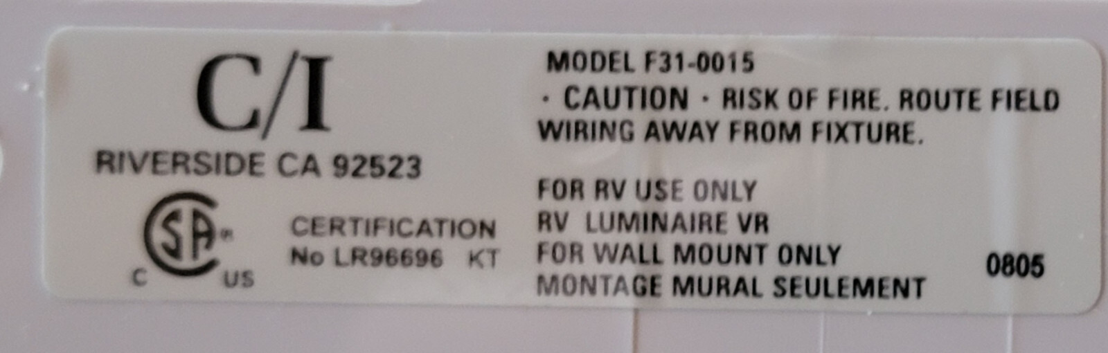 NEW RV 12 VOLT EXTERIOR PORCH LIGHT W/ ON OFF SWITCH C/I F31-0015