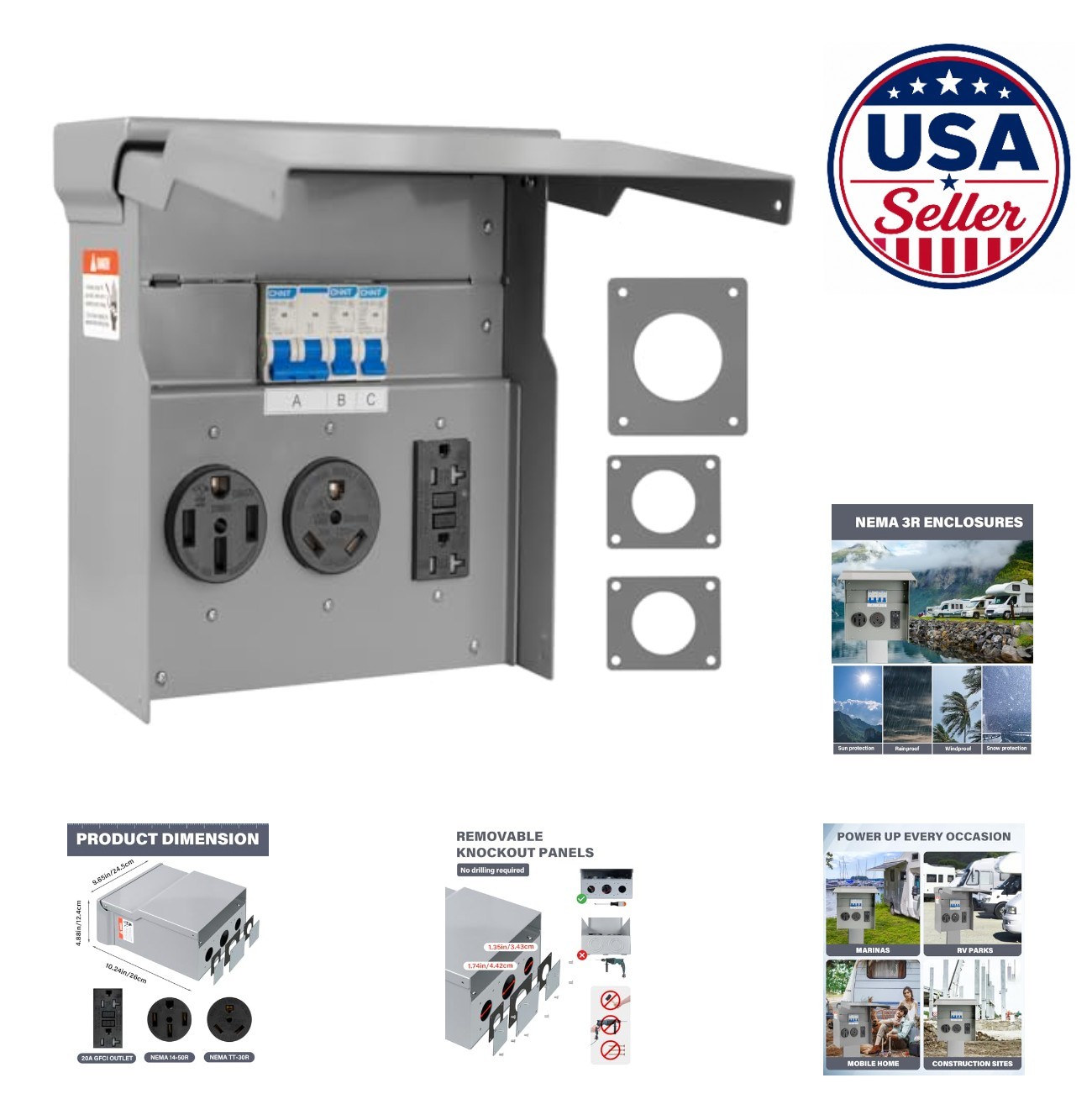 RV Electrical Outlet Panel 20 30 50 Amp 125 250 Volt with Breaker for RV Park