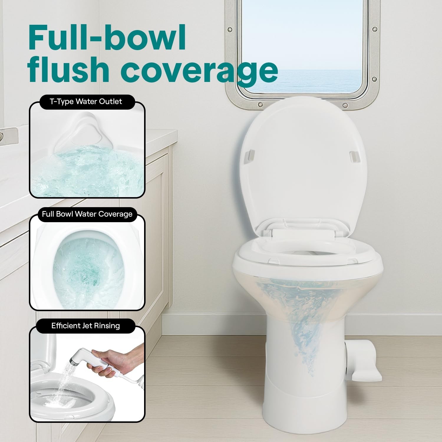 Compact RV Toilet with Foot Pedal & Hand Sprayer – Leak-Proof, Odorless, Soft-Cl