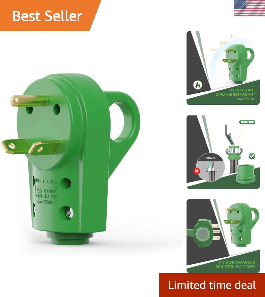 Reliable 30 Amp RV Disconnect Plug NEMA TT-30P, Durable ABS & PC Materials