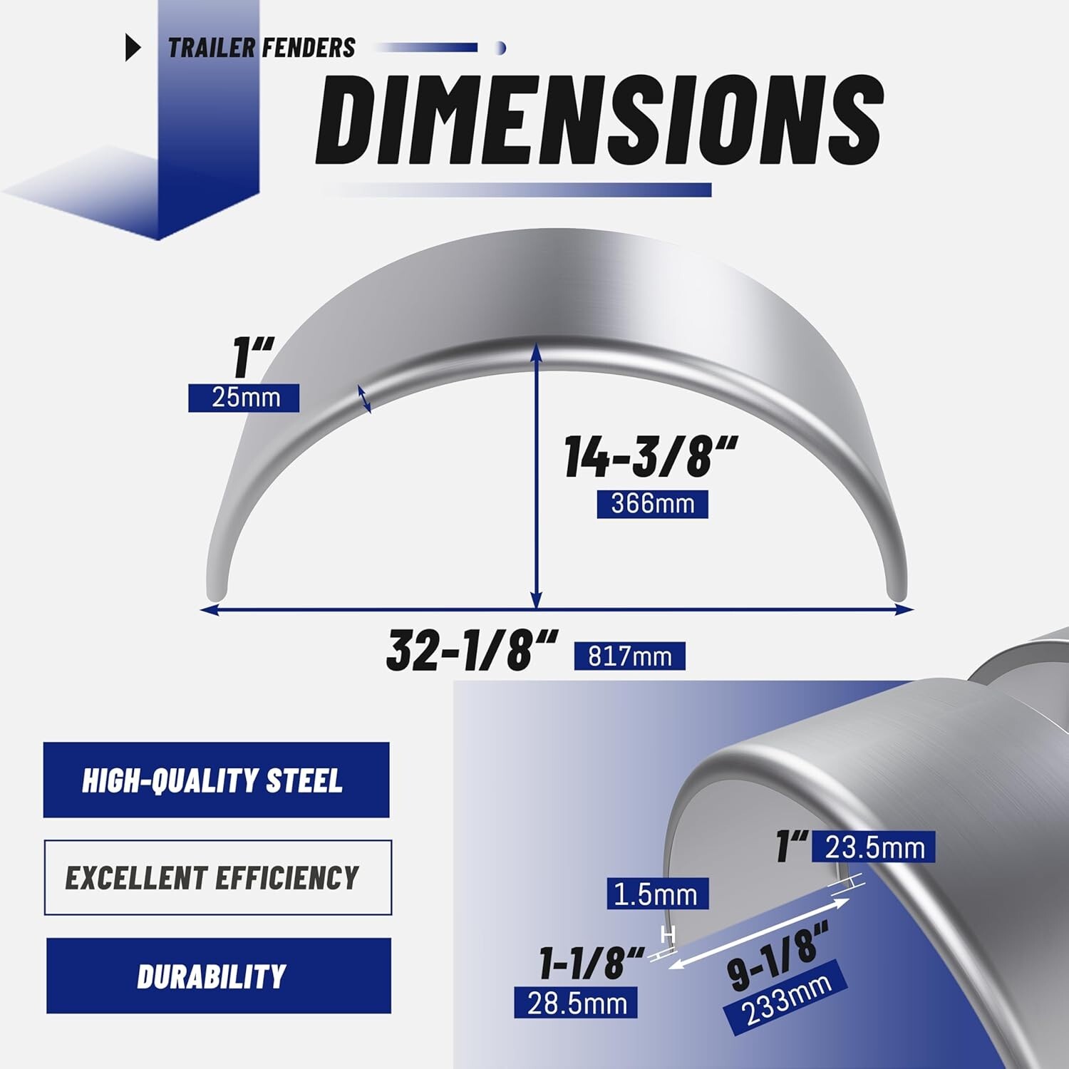 Strong Alloy Steel Trailer Fenders 32-1/8″ x 9-1/8″ for 14″-16″ Wheel Trailers
